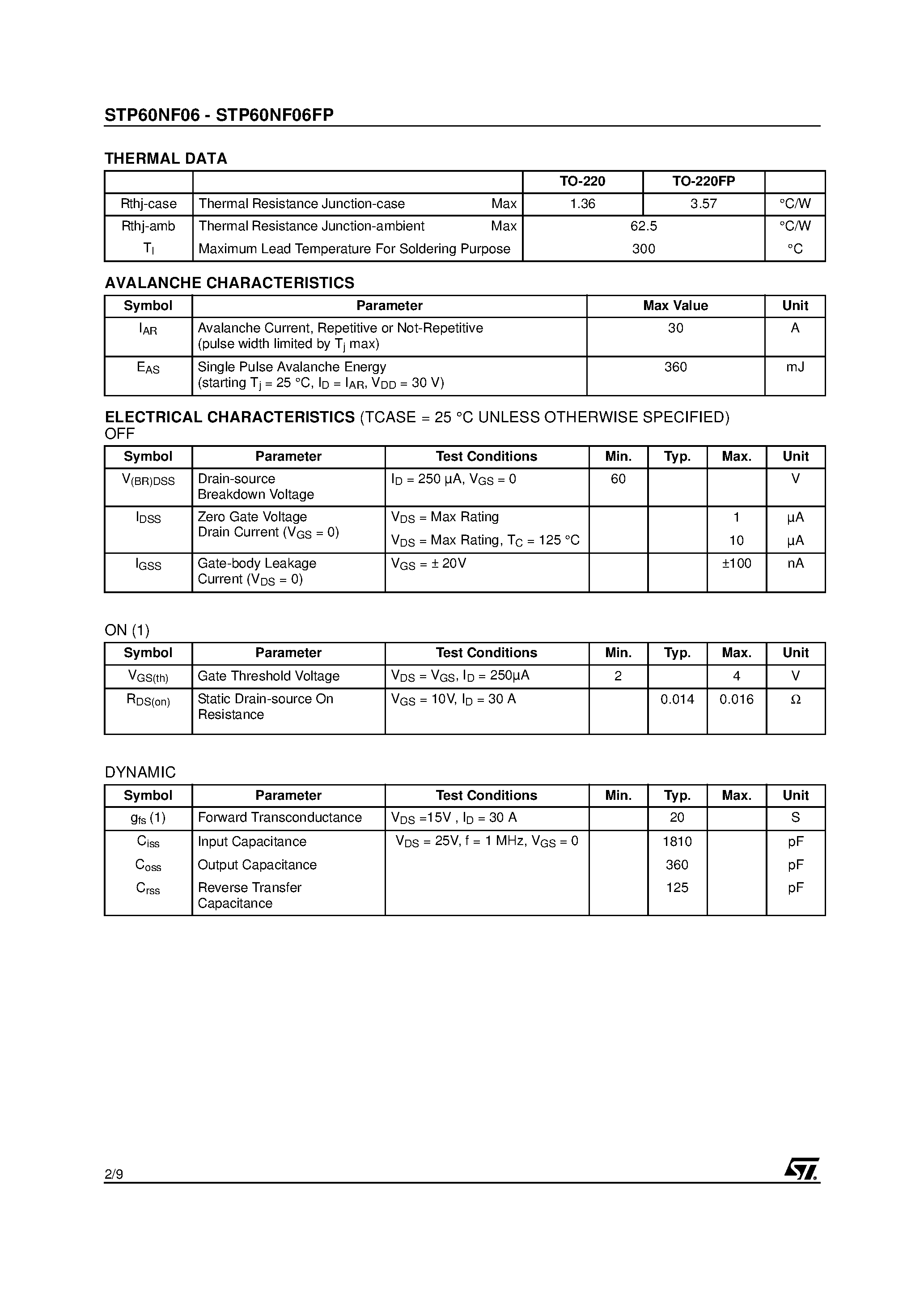 Datasheet STP60NF06 - N-CHANNEL Power MOSFET page 2