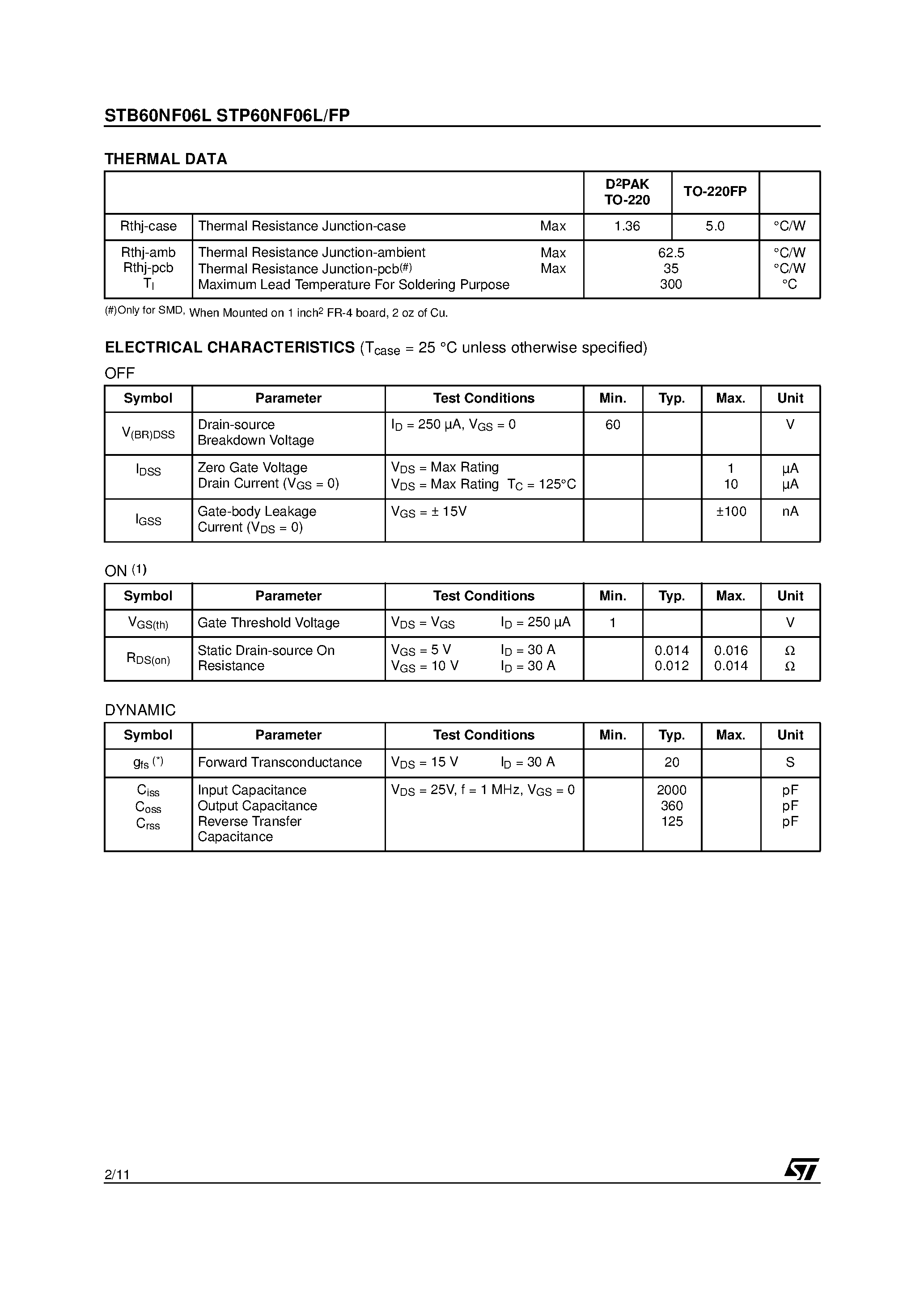 Datasheet STP60NF06L page 2 Datasheet STP60NF06L - N-CHANNEL Power MOSFET page 2