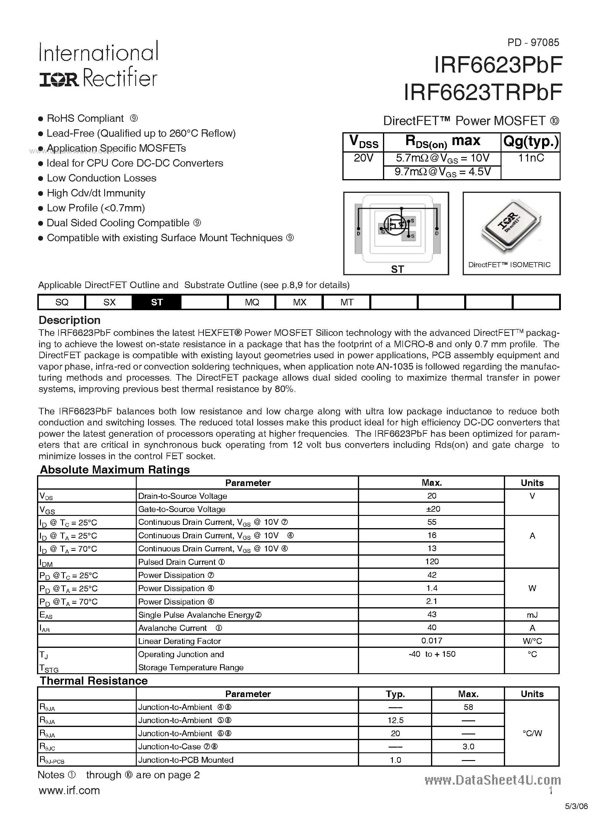 Datasheet IRF6623PBF - HEXFET Power MOSFET page 1
