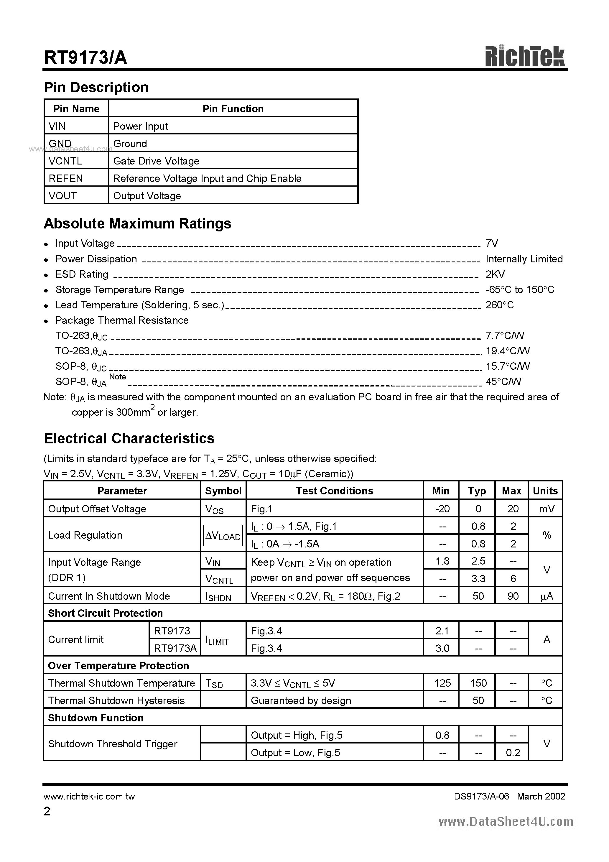 Даташит на микросхему RT9173 страница 2 Даташит RT9173 - 1.5A/3A Bus Termination Regulator страница 2
