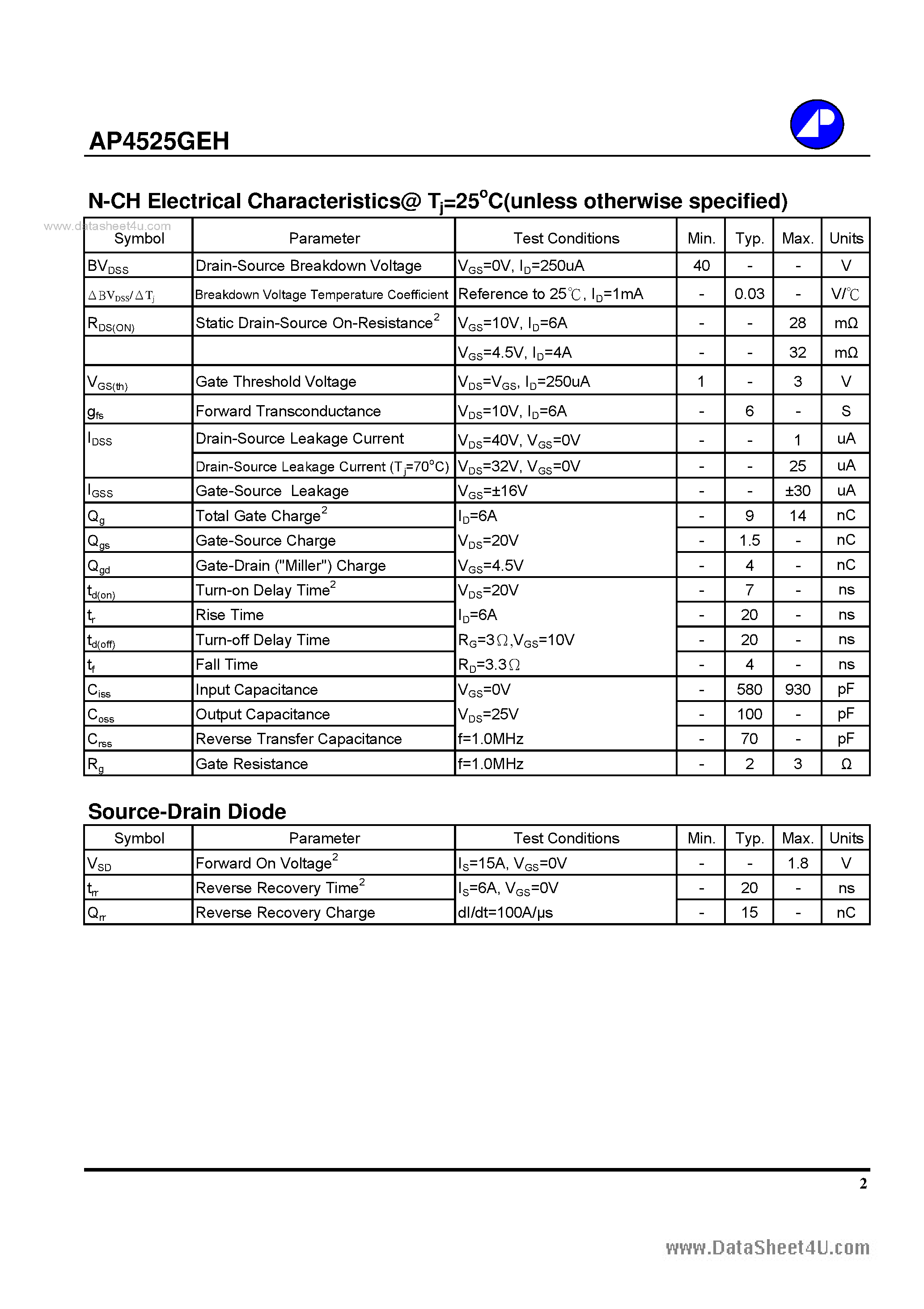 Даташит на микросхему 4525GEH страница 2 Даташит 4525GEH - Search -----> AP4525GEH страница 2