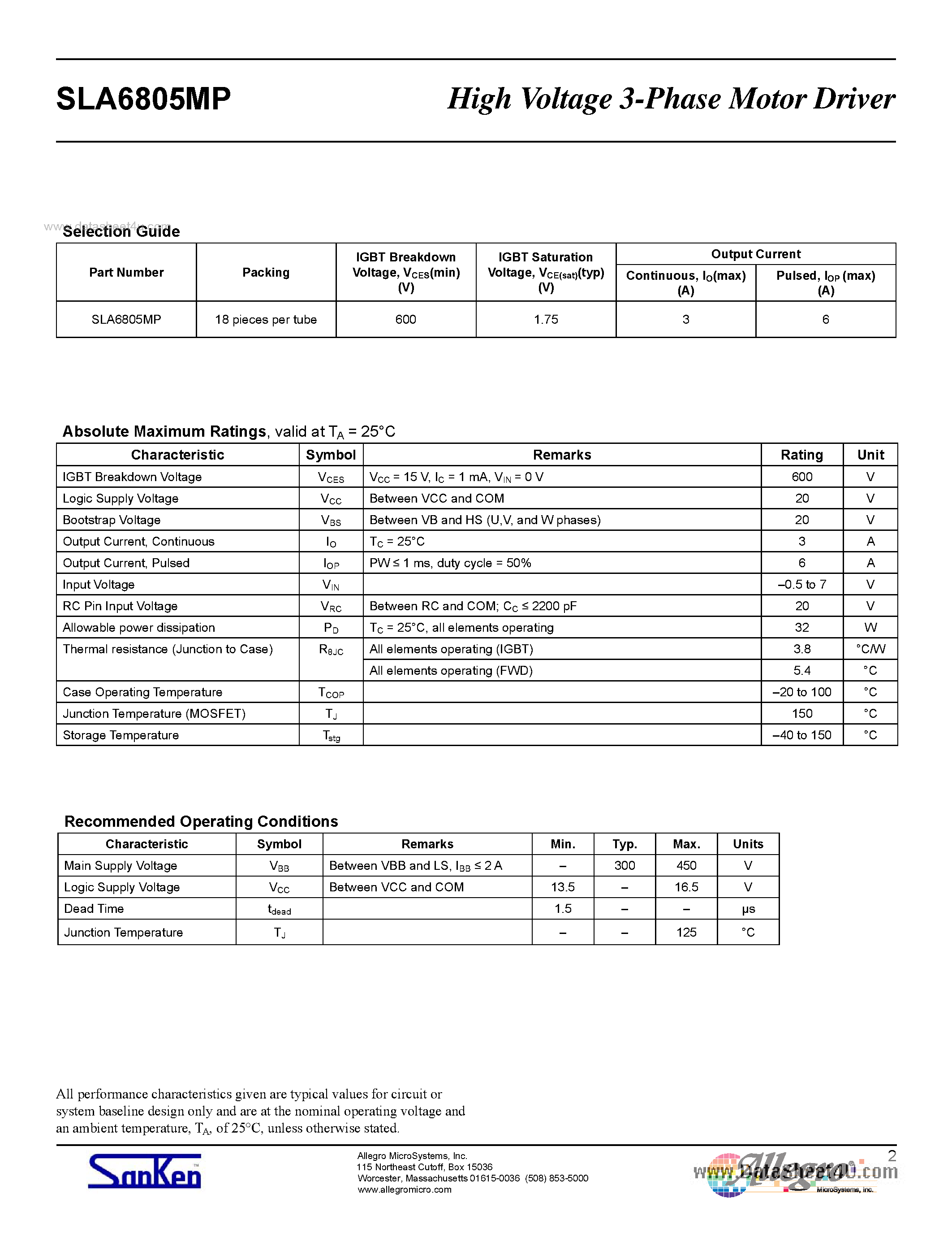 Datasheet SLA6805MP - High Voltage 3-Phase Motor Drivers page 2