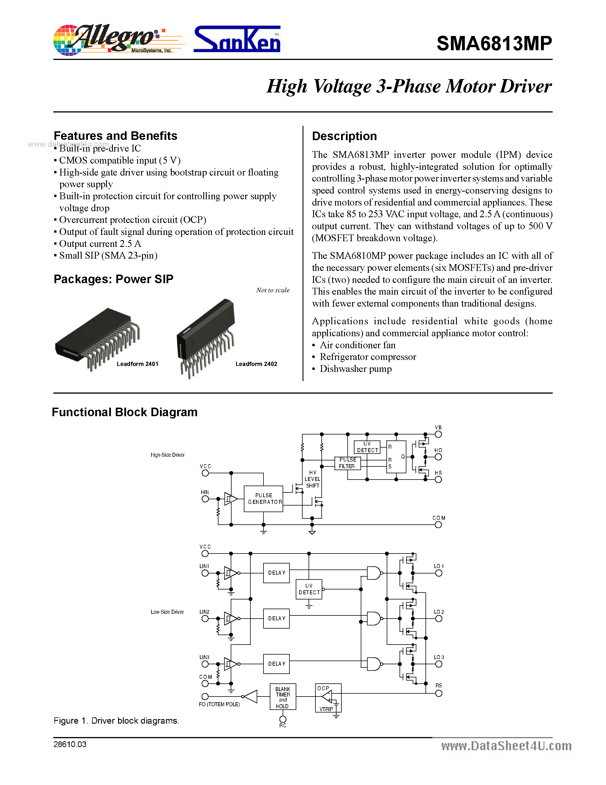 Datasheet SLA6816MP page 1 Datasheet SLA6816MP - High Voltage 3-Phase Motor Drivers page 1