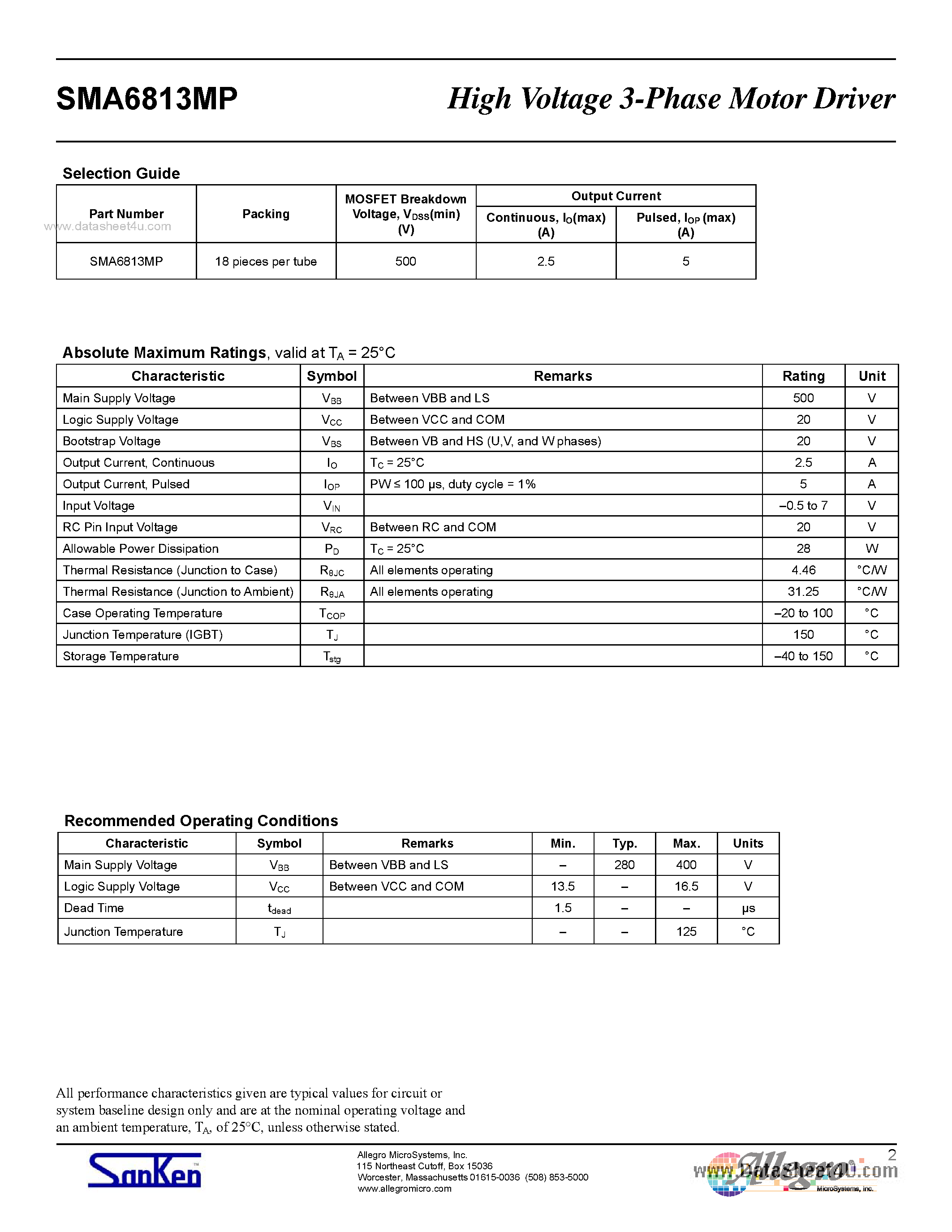 Datasheet SLA6816MP page 2 Datasheet SLA6816MP - High Voltage 3-Phase Motor Drivers page 2