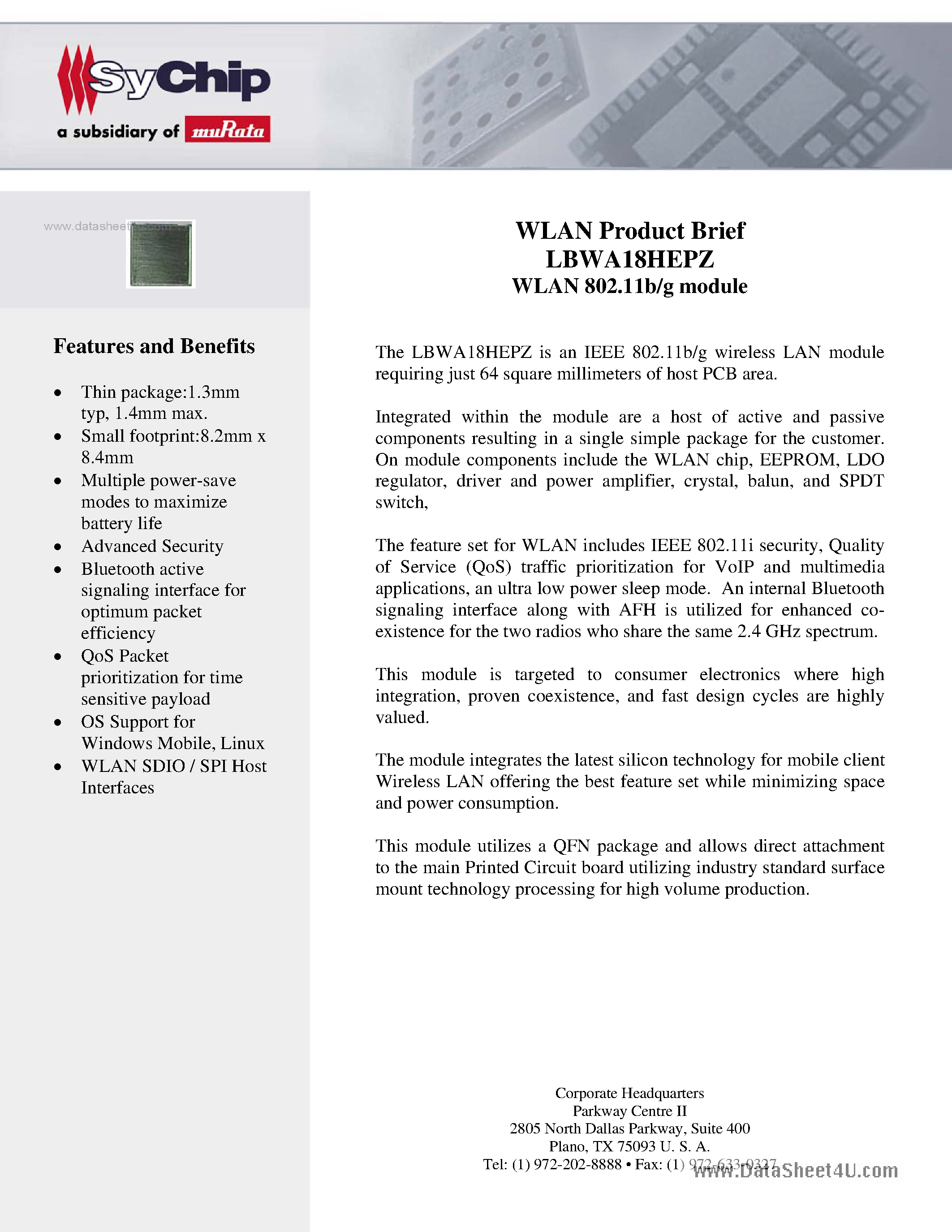 Datasheet LBWA18HEPZ page 1 Datasheet LBWA18HEPZ - Wlan 802.11b/g Module page 1
