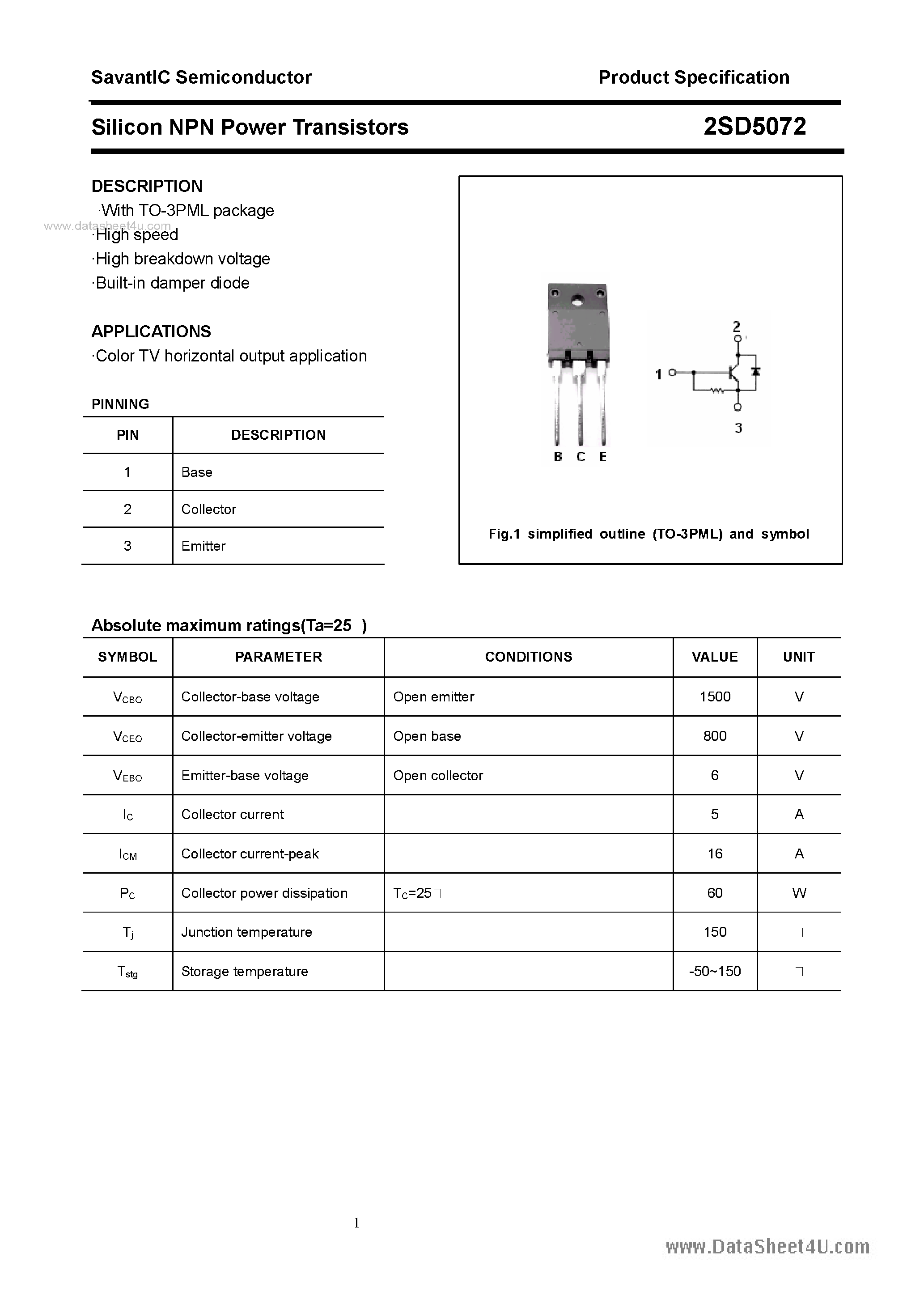 Даташит 2SD5072 - Silicon NPN Power Transistors страница 1