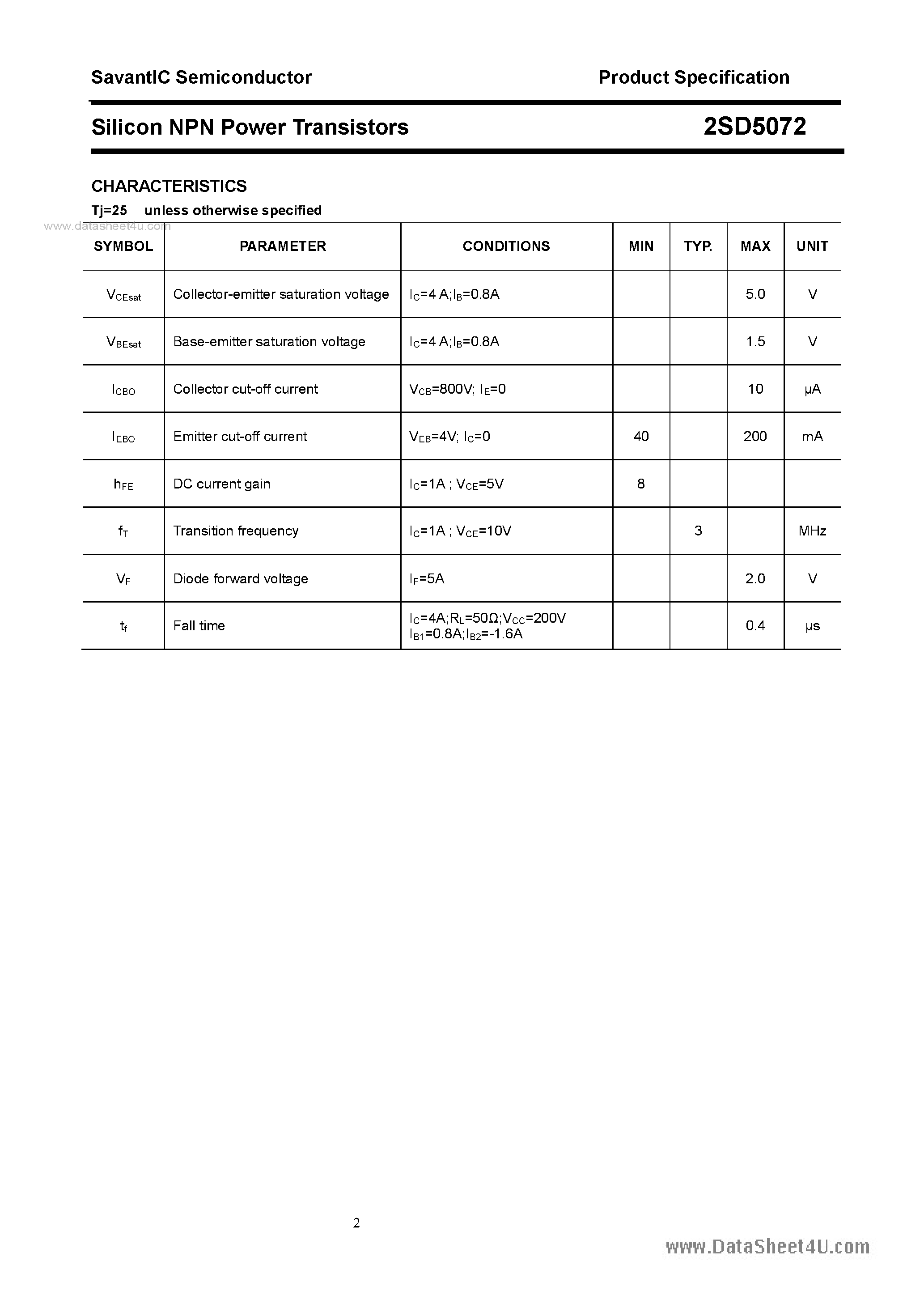 Даташит 2SD5072 - Silicon NPN Power Transistors страница 2
