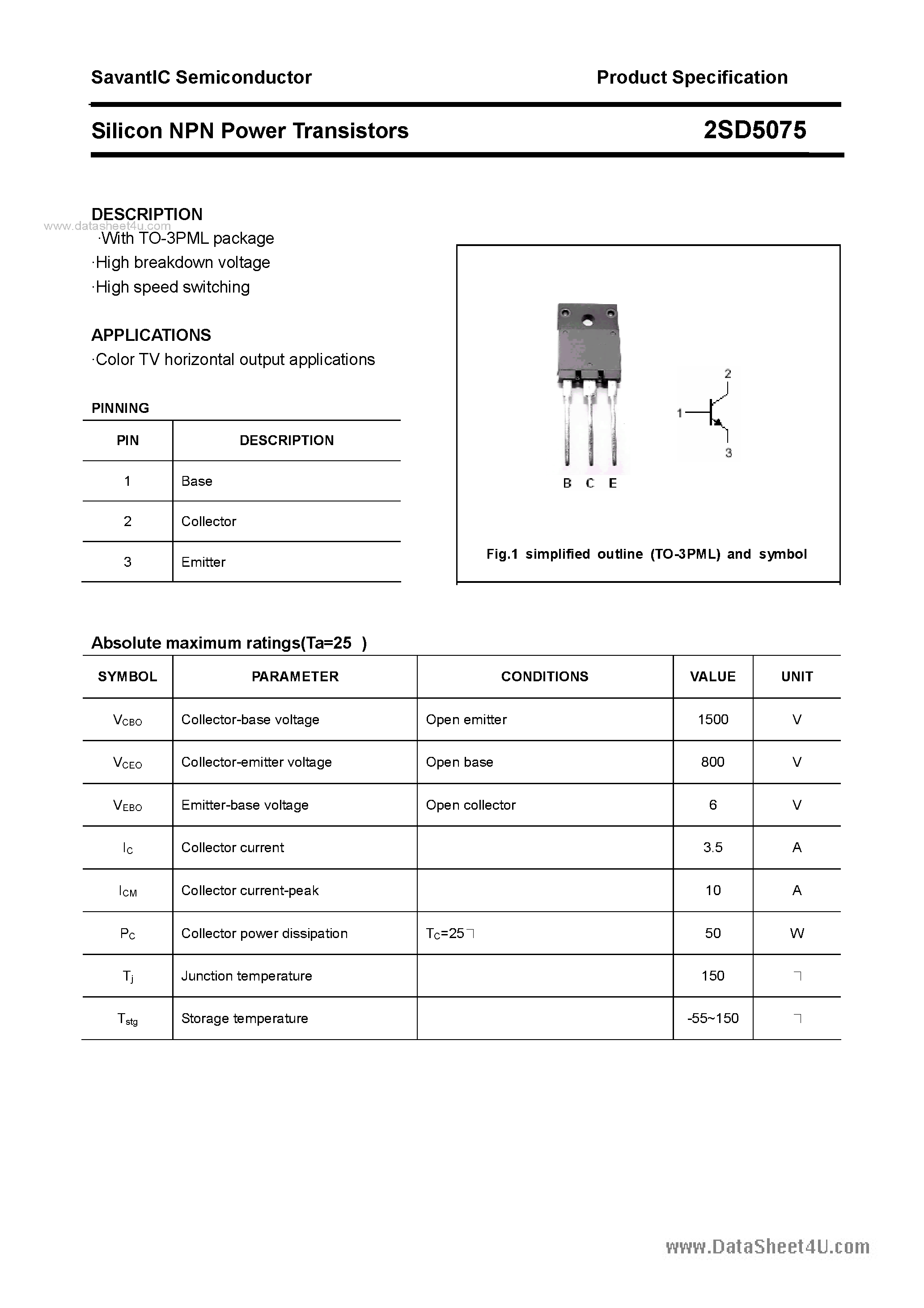 Даташит 2SD5075 - Silicon NPN Power Transistors страница 1