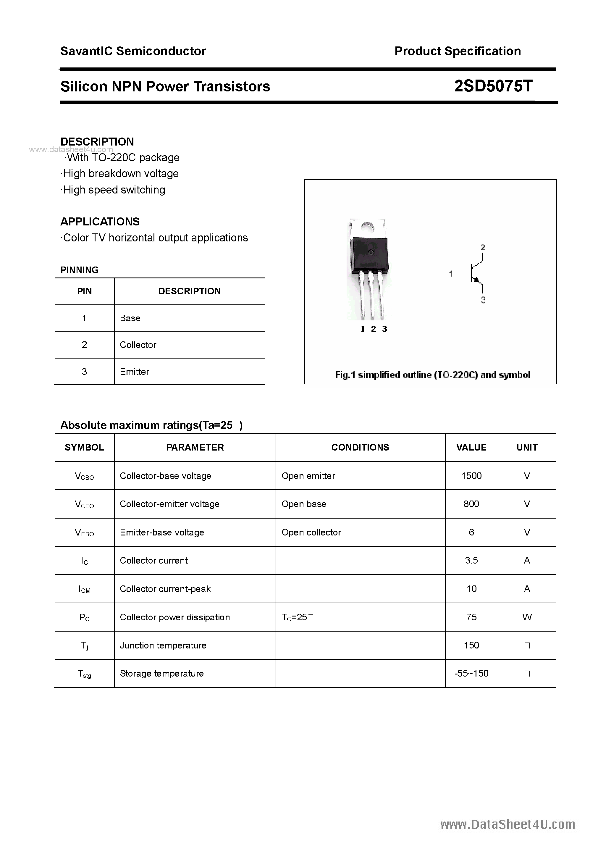 Даташит 2SD5075T - Silicon NPN Power Transistors страница 1