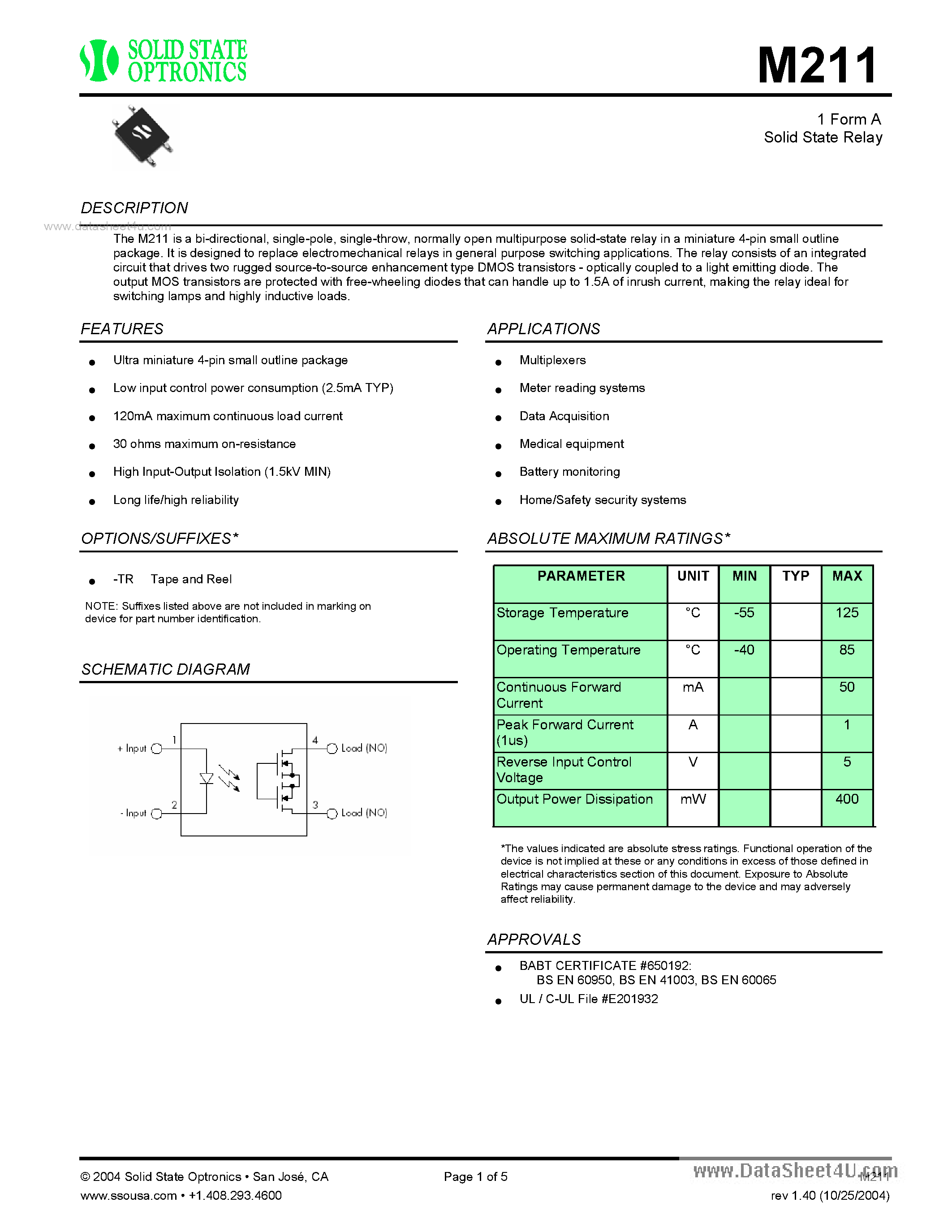 Datasheet M211 - 1 Form A Solid State Relay page 1