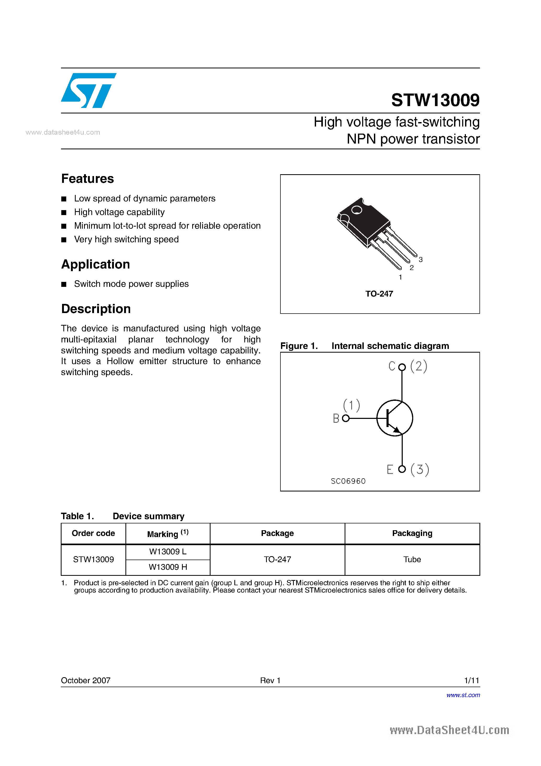 Datasheet STW13009 page 1 Datasheet STW13009 - High Voltage Fast Switching NPN Power Transistor page 1