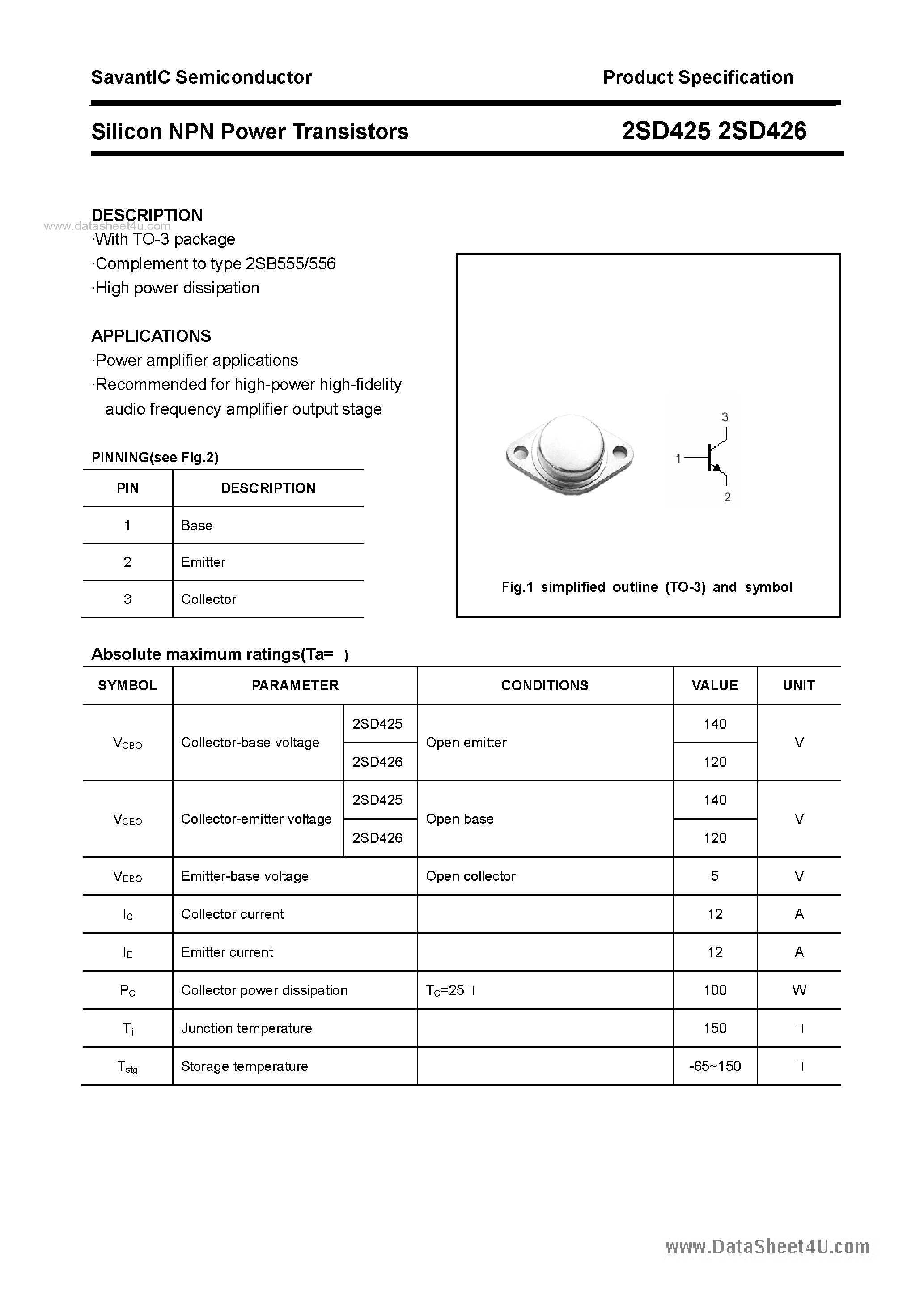 Даташит 2SD425 - (2SD425 / 2SD426) SILICON POWER TRANSISTOR страница 1