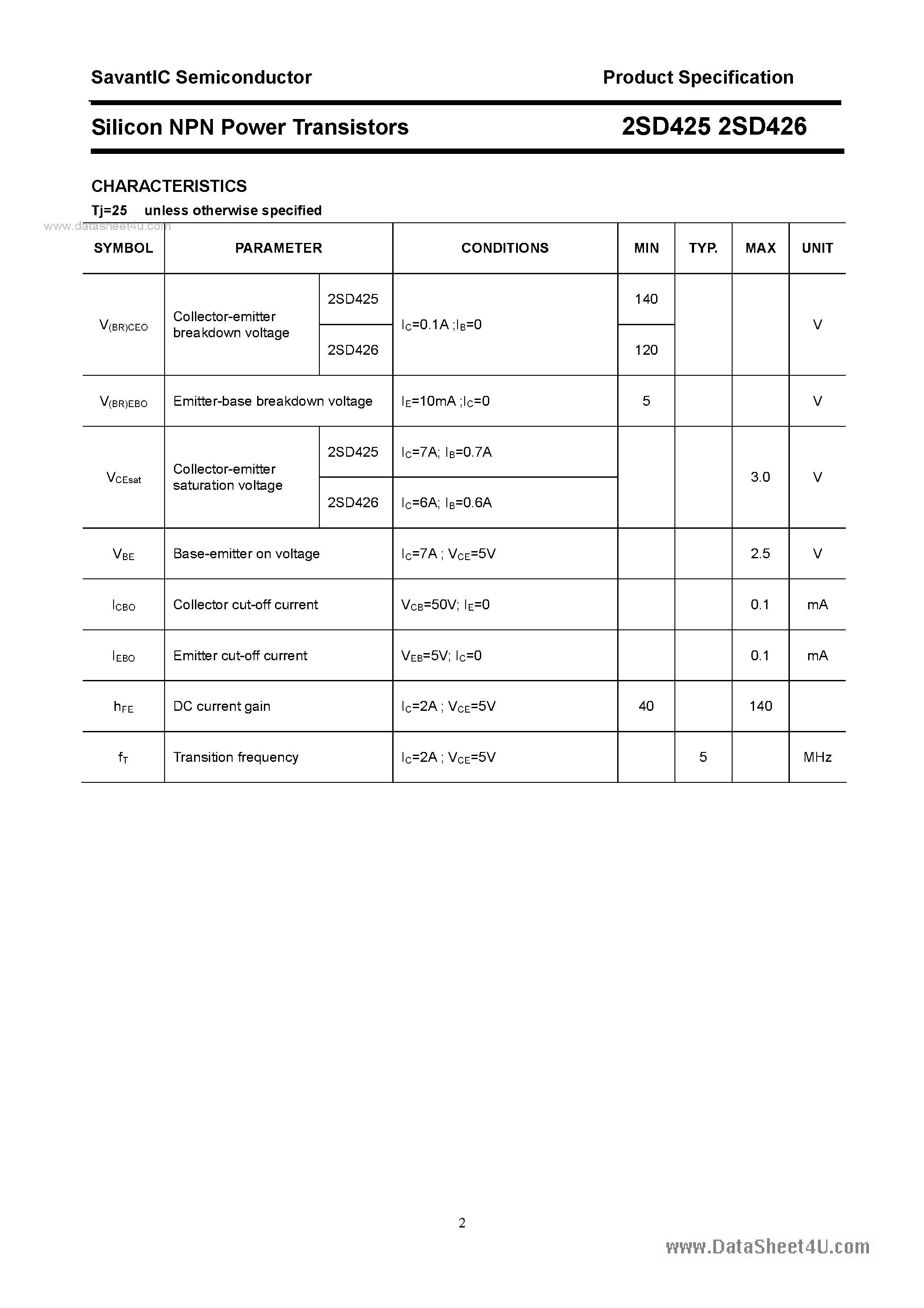Даташит 2SD425 - (2SD425 / 2SD426) SILICON POWER TRANSISTOR страница 2