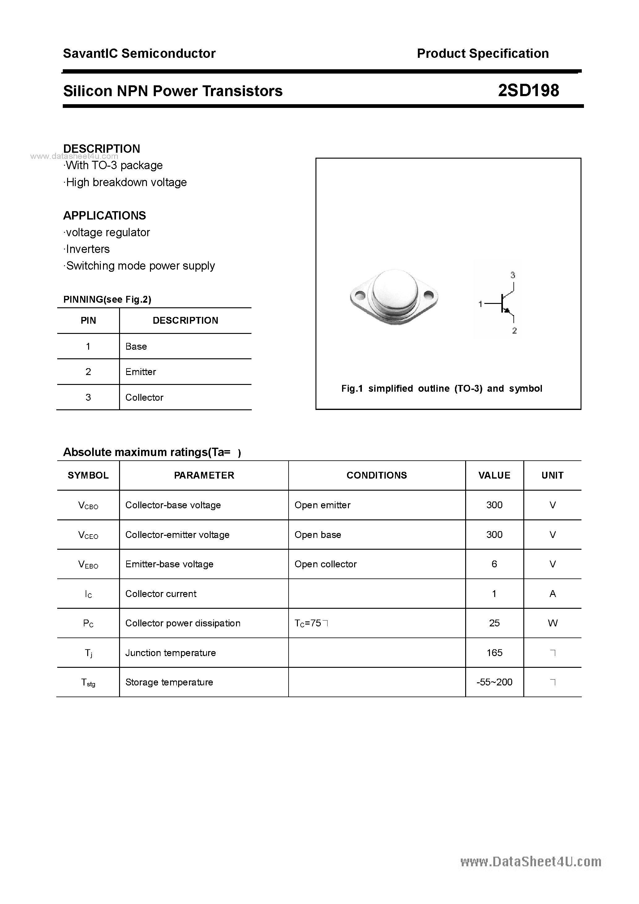 Datasheet 2SD198 page 1 Datasheet 2SD198 - SILICON POWER TRANSISTOR page 1
