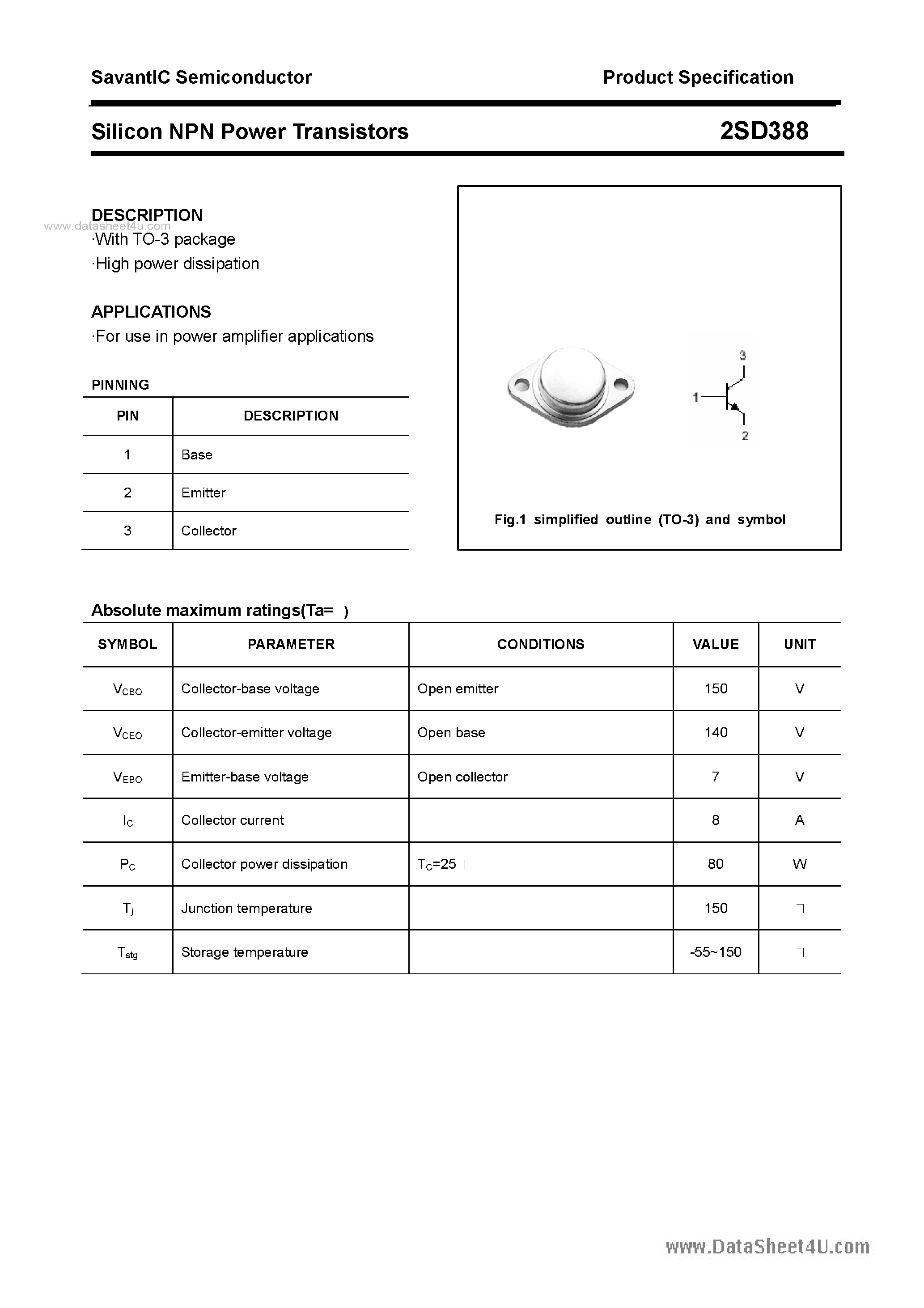 Даташит 2SD388 - SILICON POWER TRANSISTOR страница 1