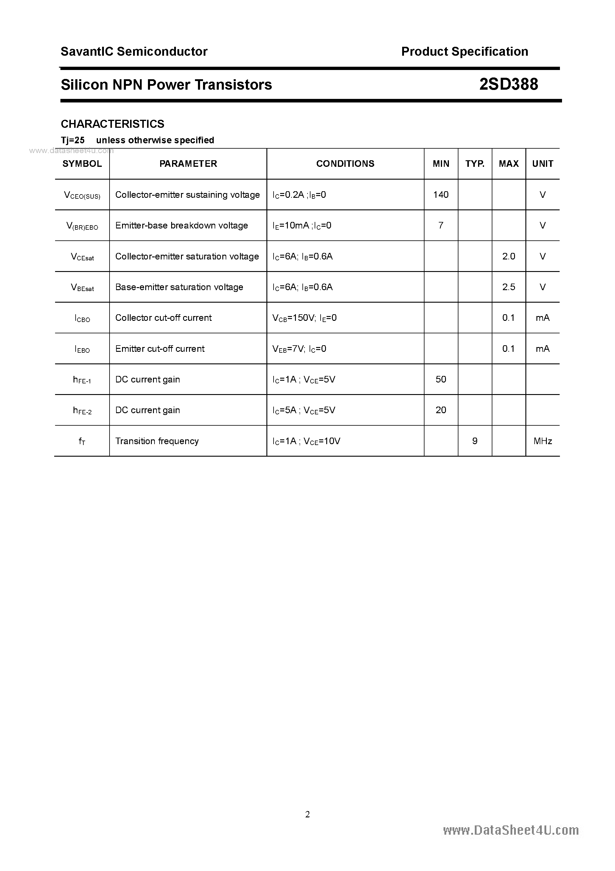 Даташит 2SD388 - SILICON POWER TRANSISTOR страница 2
