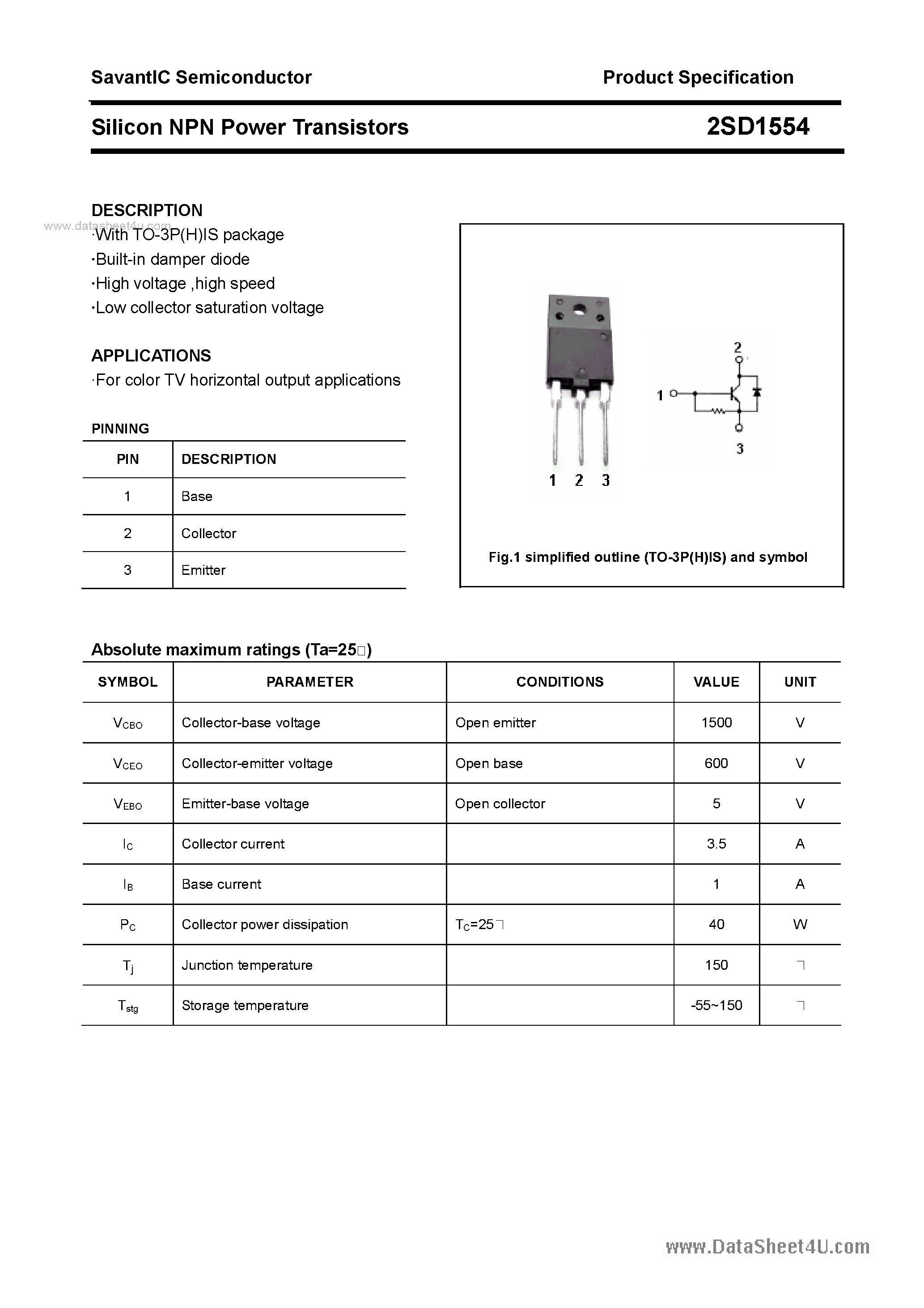 Datasheet 2SD1554 - Silicon NPN Power Transistors page 1