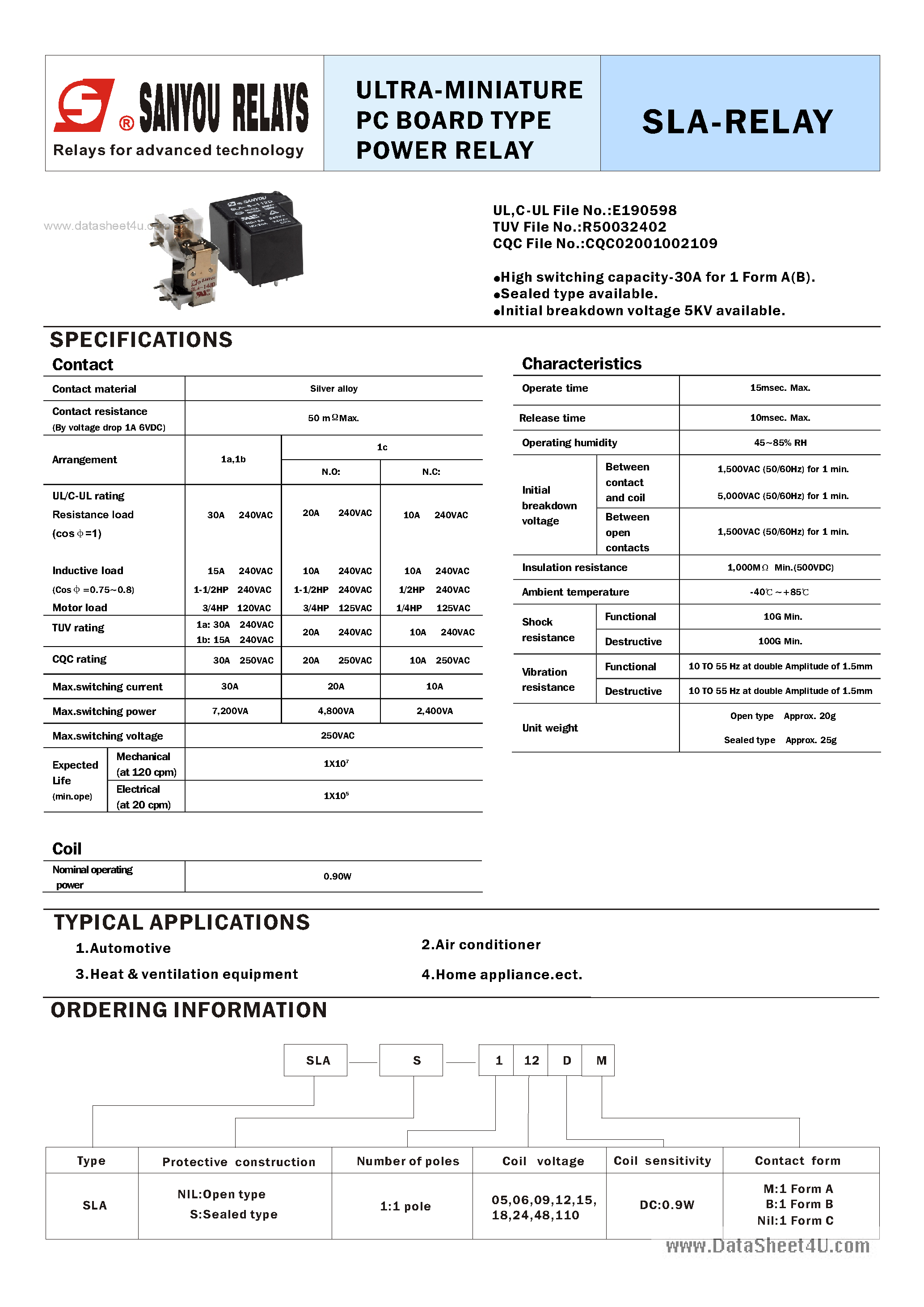 Datasheet SLA-05 - (SLA-xx) Power Relay page 1
