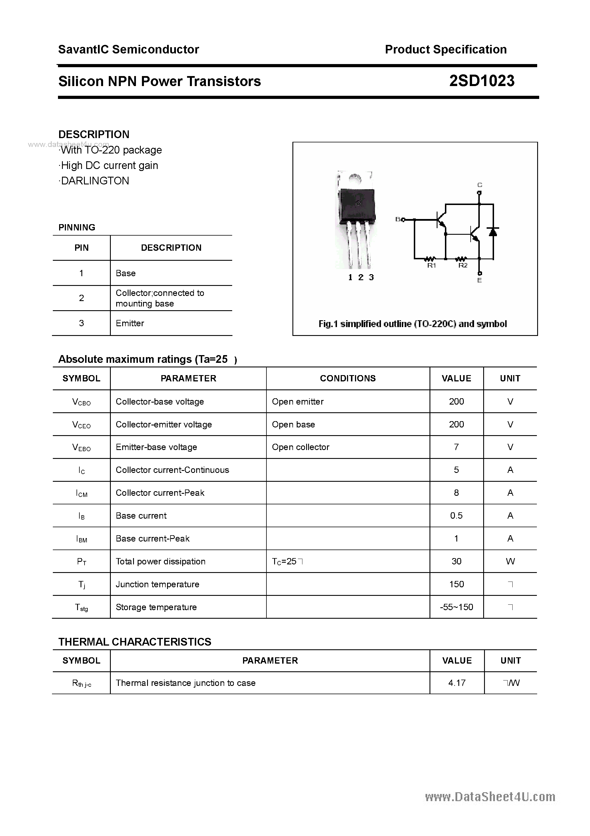 Datasheet 2SD1023 - SILICON POWER TRANSISTOR page 1