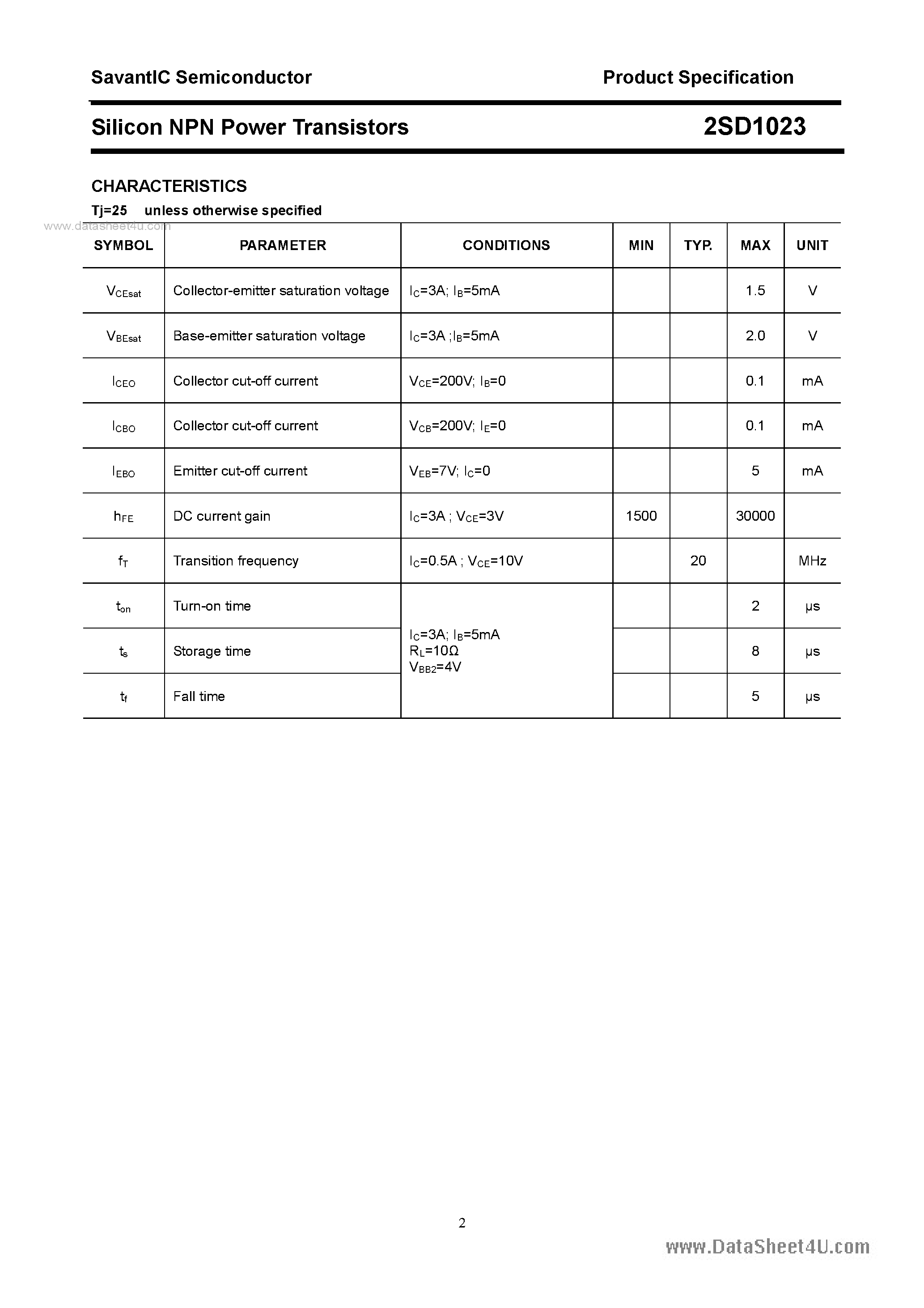 Datasheet 2SD1023 - SILICON POWER TRANSISTOR page 2