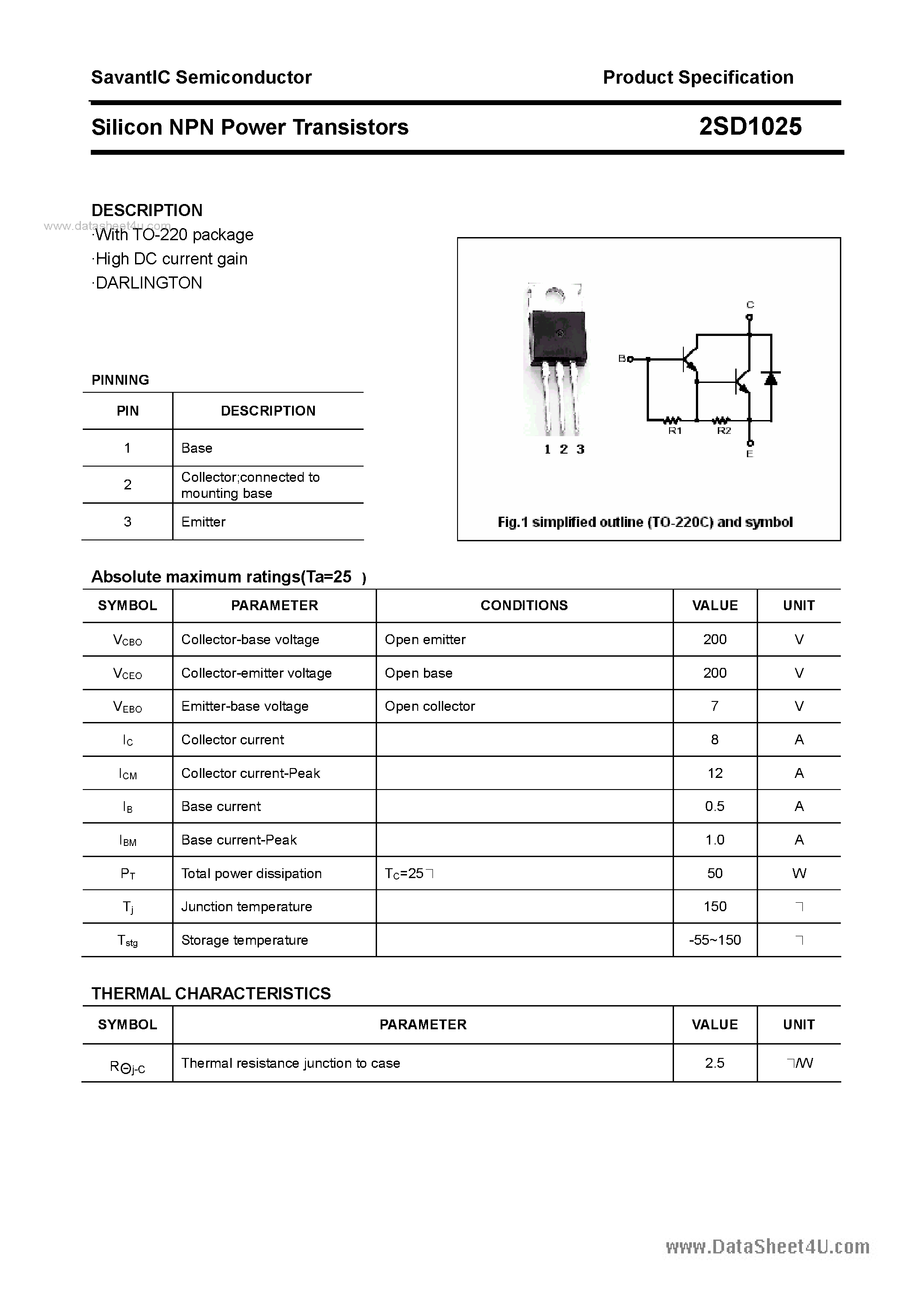 Даташит на микросхему 2SD1025 страница 1 Даташит 2SD1025 - SILICON POWER TRANSISTOR страница 1