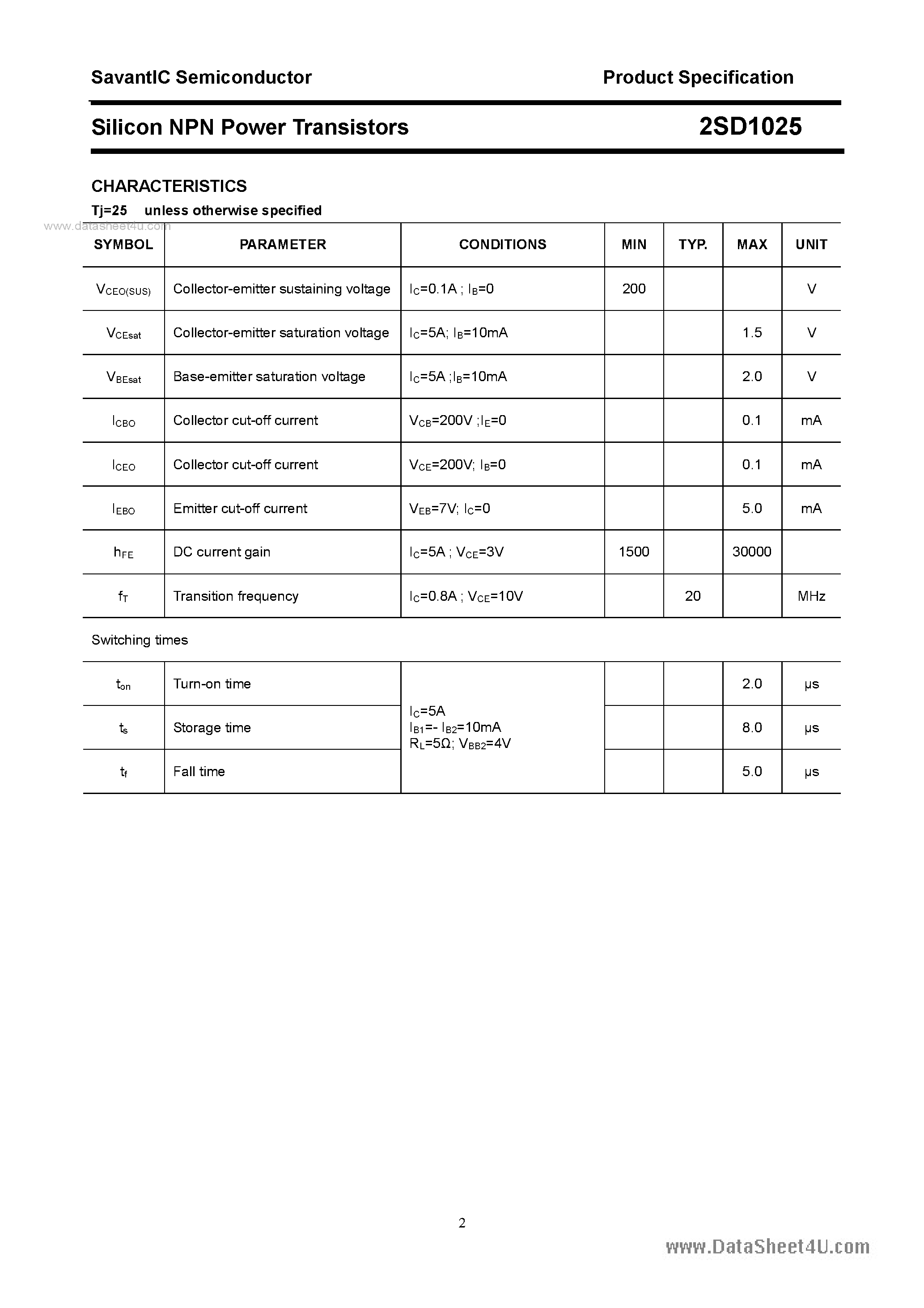 Даташит на микросхему 2SD1025 страница 2 Даташит 2SD1025 - SILICON POWER TRANSISTOR страница 2