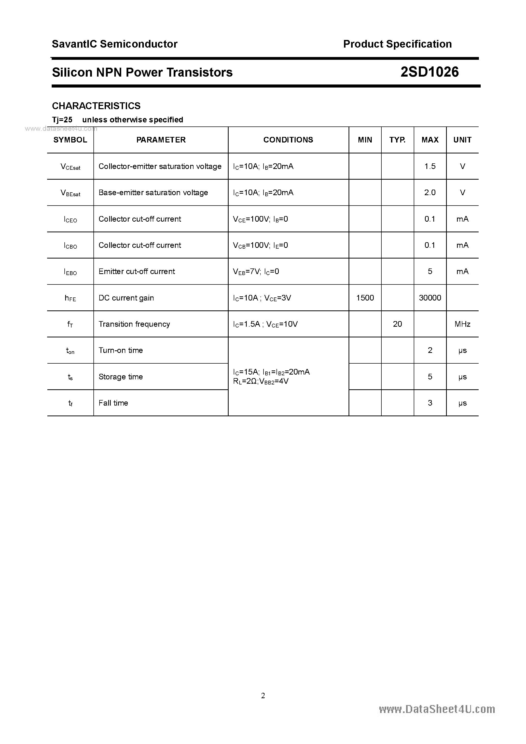 Даташит на микросхему 2SD1026 страница 2 Даташит 2SD1026 - SILICON POWER TRANSISTOR страница 2