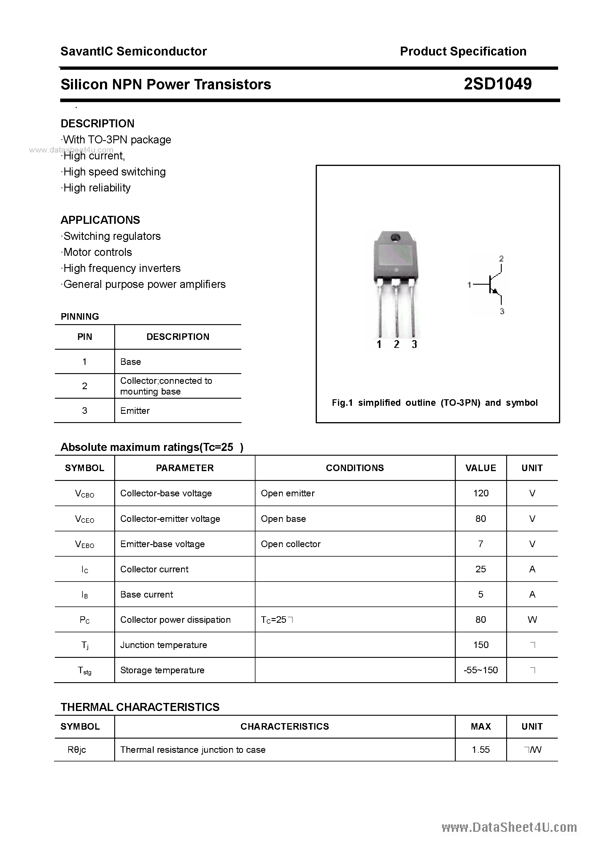 Datasheet 2SD1049 - SILICON POWER TRANSISTOR page 1