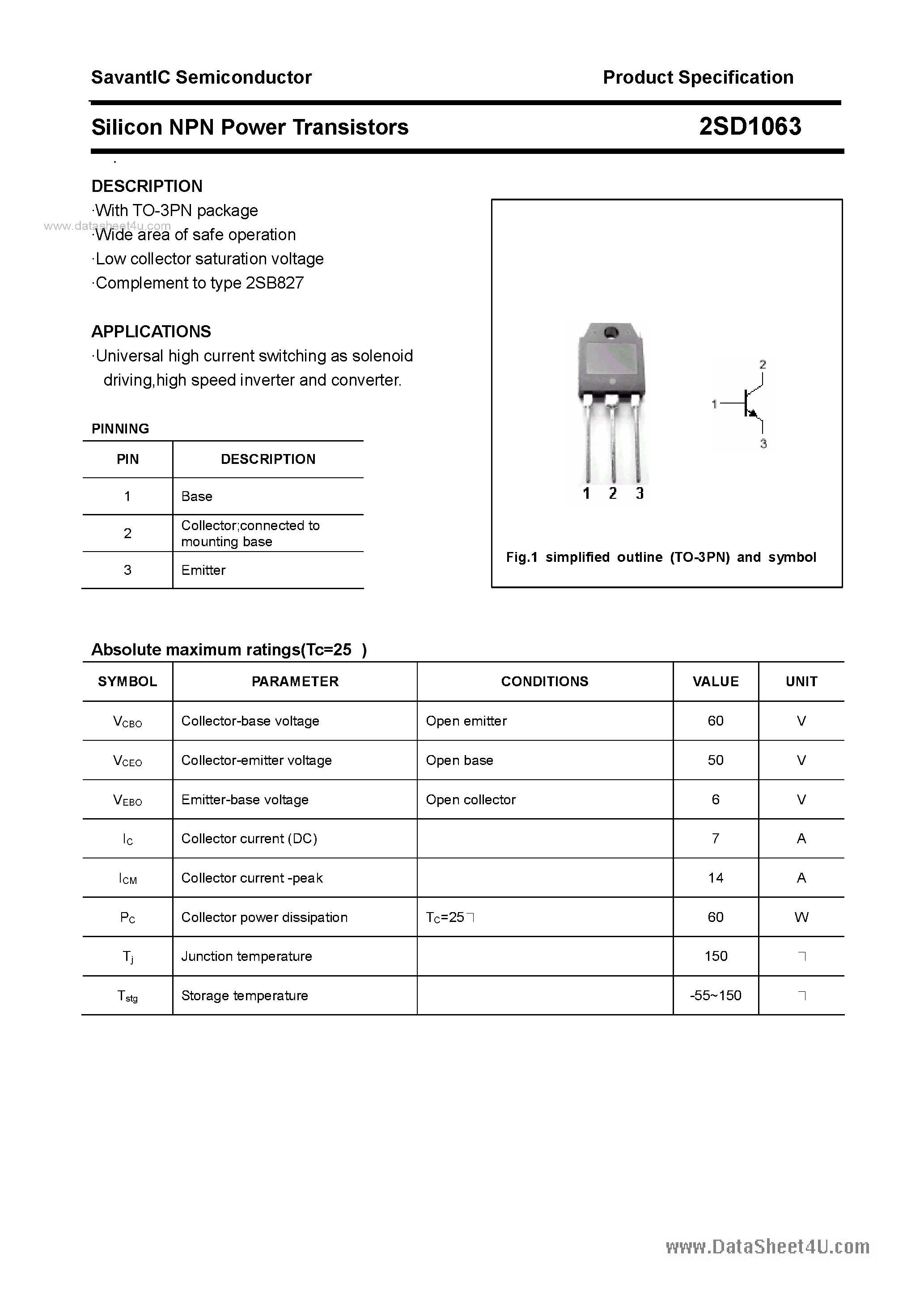 Datasheet 2SD1063 page 1 Datasheet 2SD1063 - SILICON POWER TRANSISTOR page 1