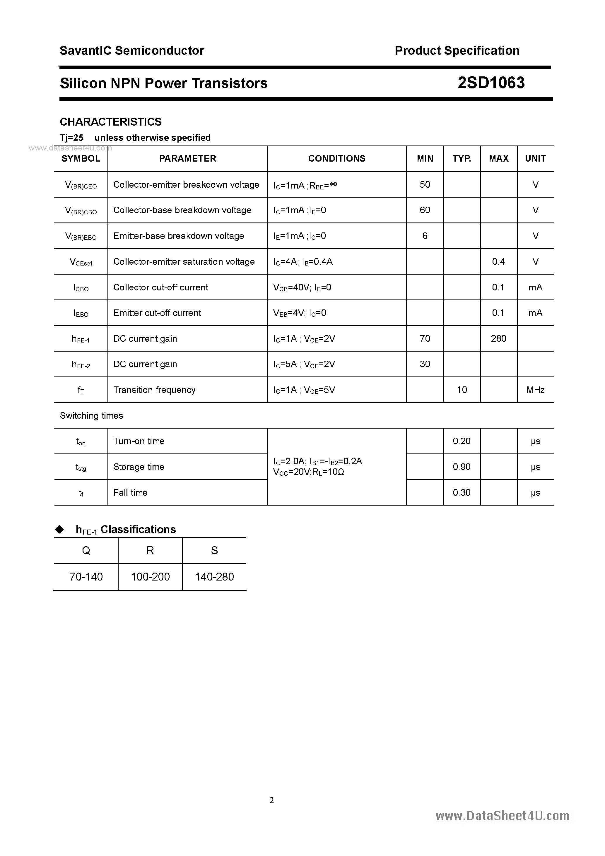 Datasheet 2SD1063 page 2 Datasheet 2SD1063 - SILICON POWER TRANSISTOR page 2