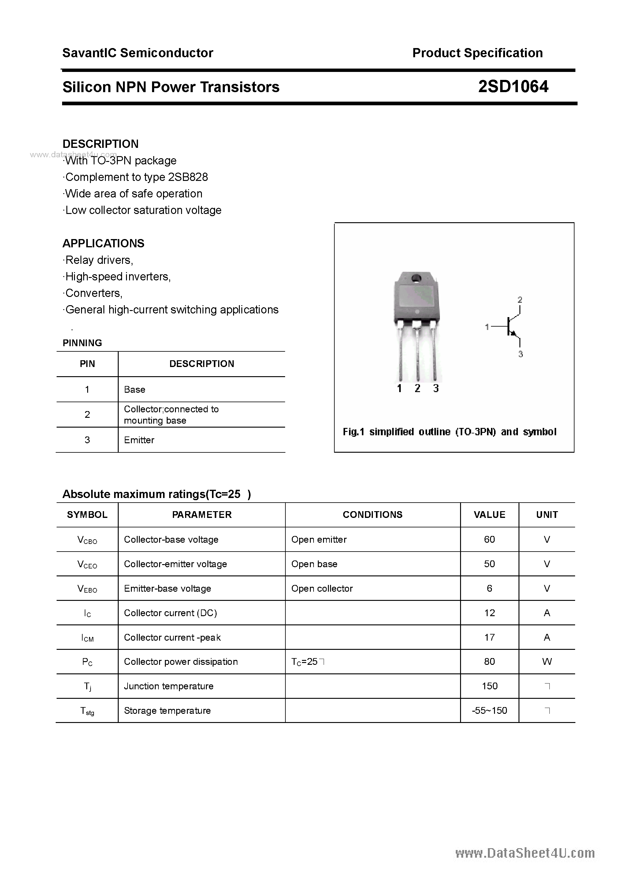 Datasheet 2SD1064 page 1 Datasheet 2SD1064 - SILICON POWER TRANSISTOR page 1