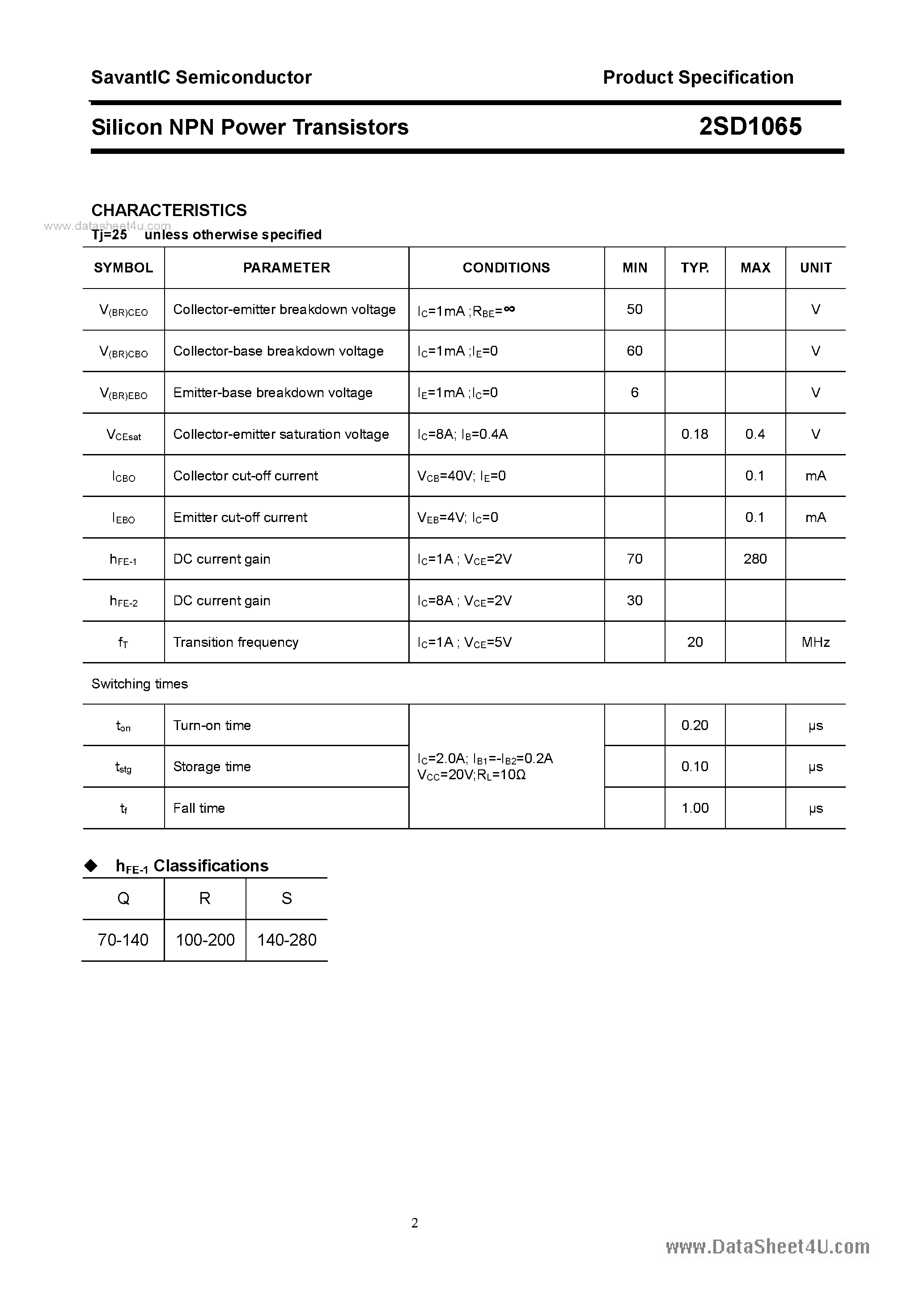 Datasheet 2SD1065 page 2 Datasheet 2SD1065 - SILICON POWER TRANSISTOR page 2
