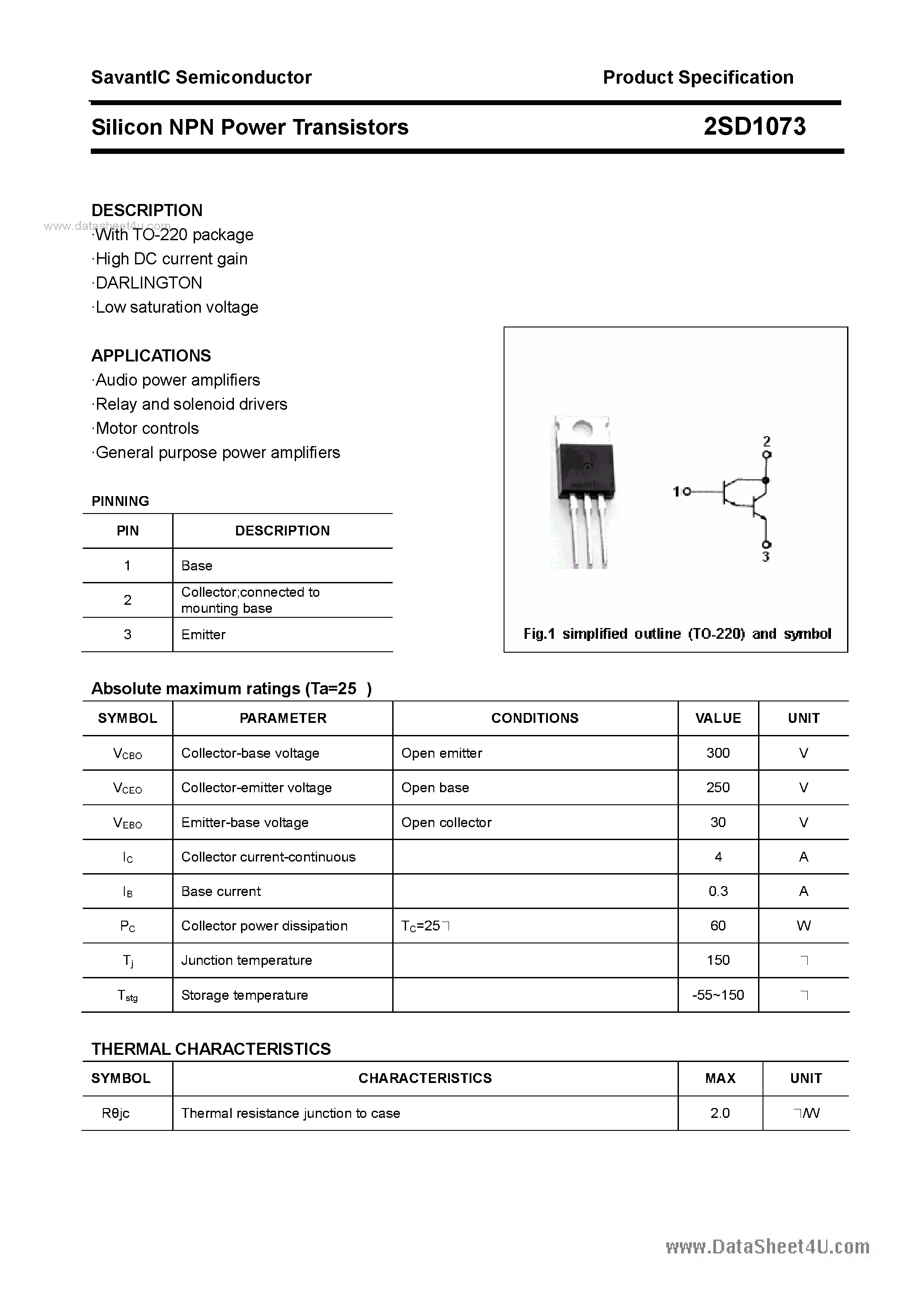 Datasheet 2SD1073 page 1 Datasheet 2SD1073 - SILICON POWER TRANSISTOR page 1