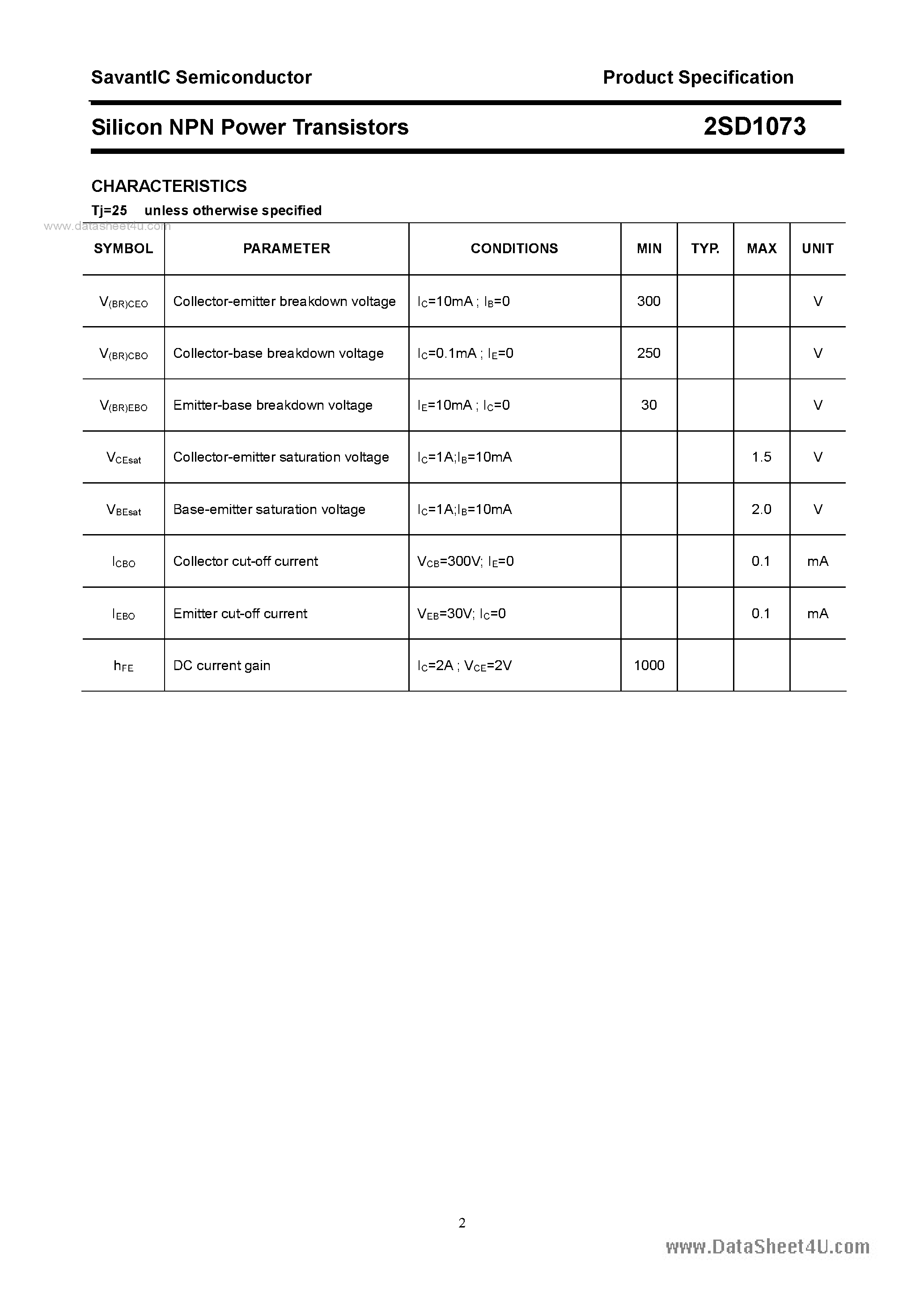 Datasheet 2SD1073 page 2 Datasheet 2SD1073 - SILICON POWER TRANSISTOR page 2