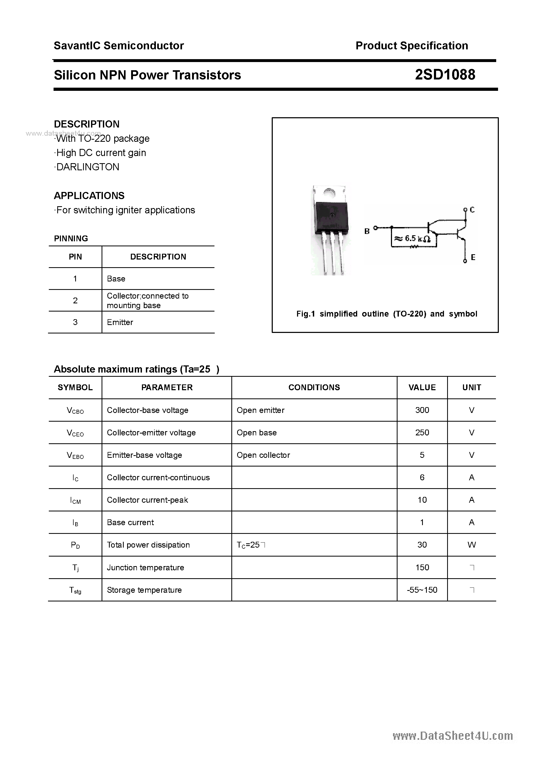 Datasheet 2SD1088 page 1 Datasheet 2SD1088 - SILICON POWER TRANSISTOR page 1