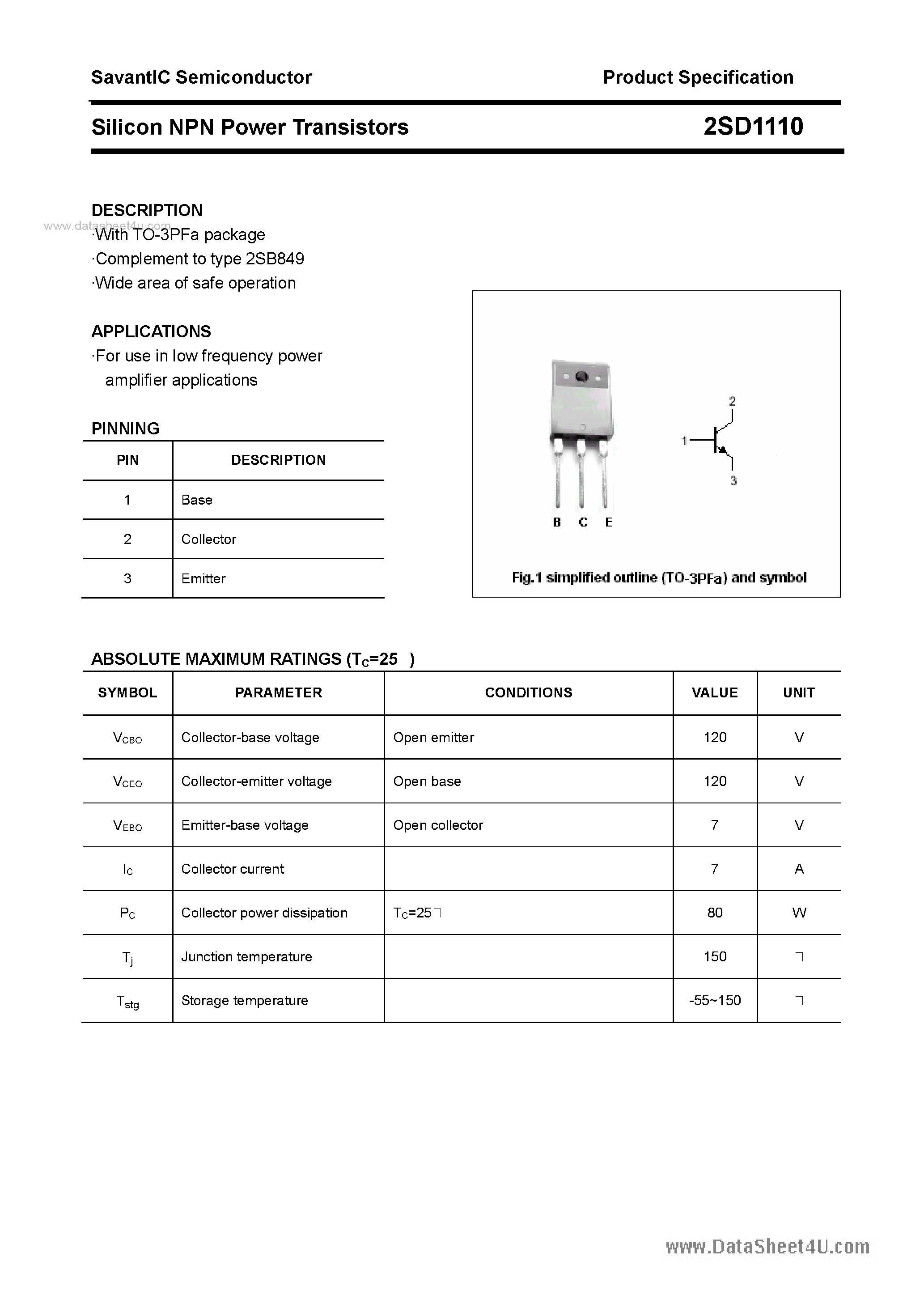 Datasheet 2SD1110 page 1 Datasheet 2SD1110 - SILICON POWER TRANSISTOR page 1