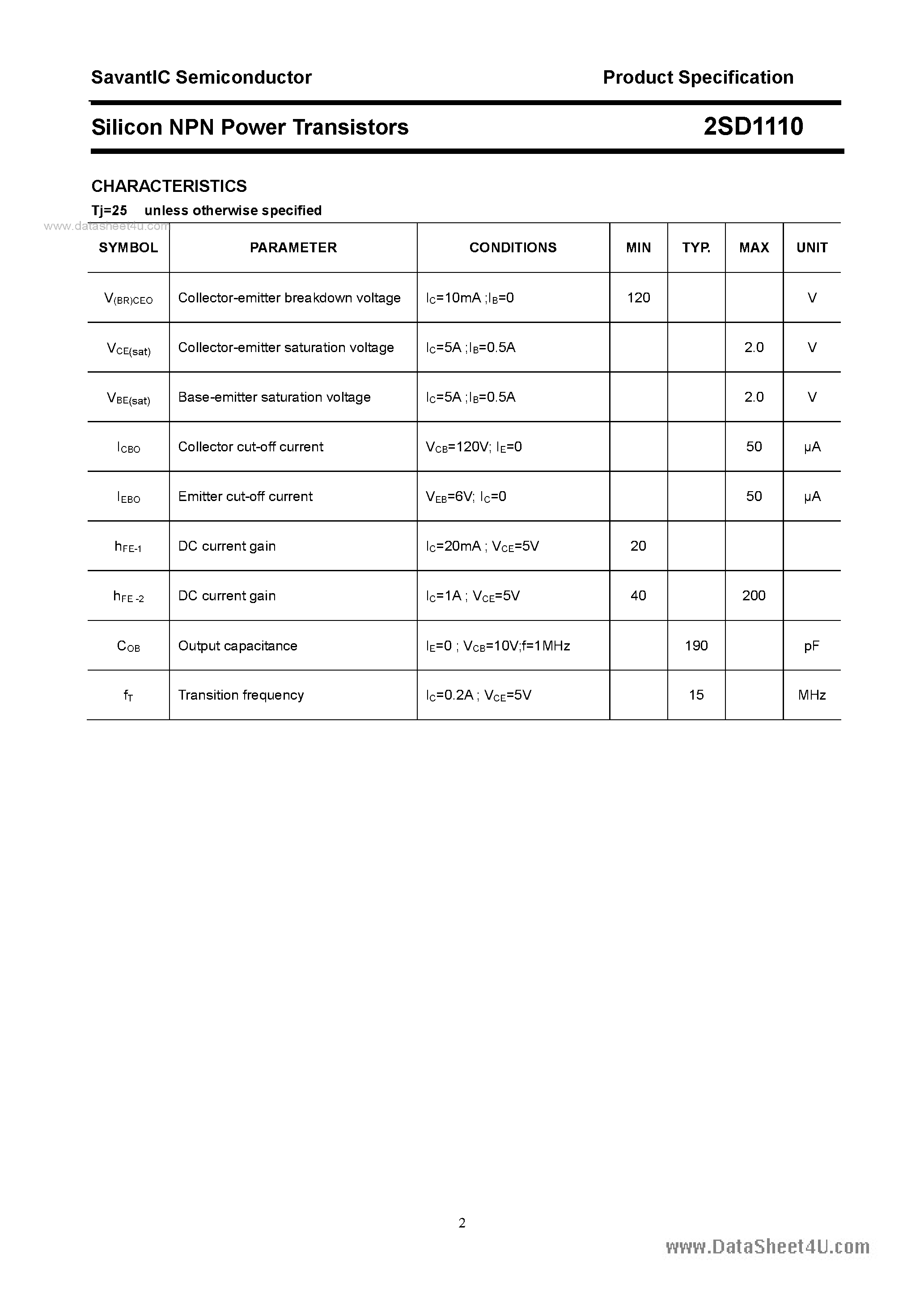 Datasheet 2SD1110 page 2 Datasheet 2SD1110 - SILICON POWER TRANSISTOR page 2