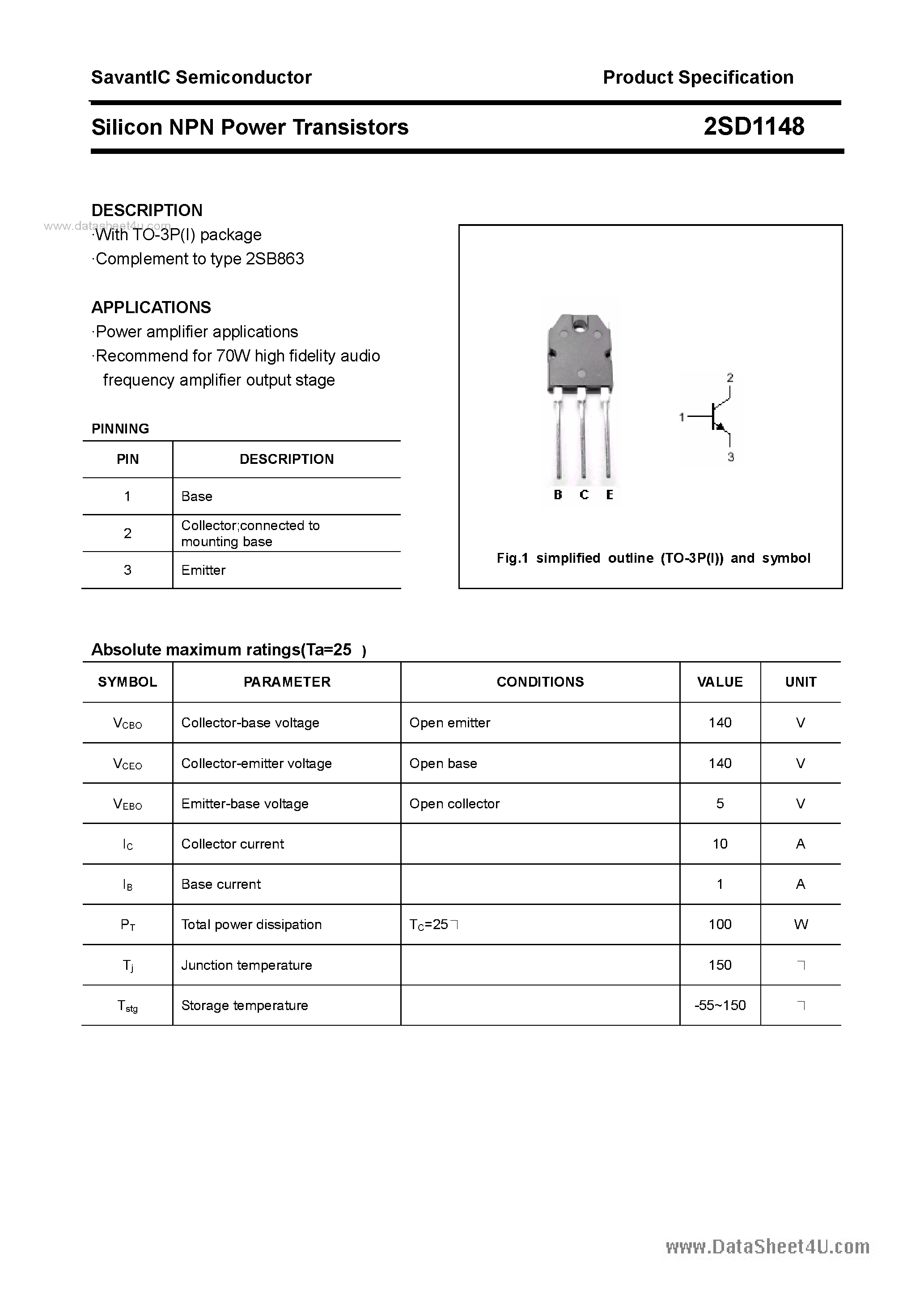 Datasheet 2SD1148 - SILICON POWER TRANSISTOR page 1