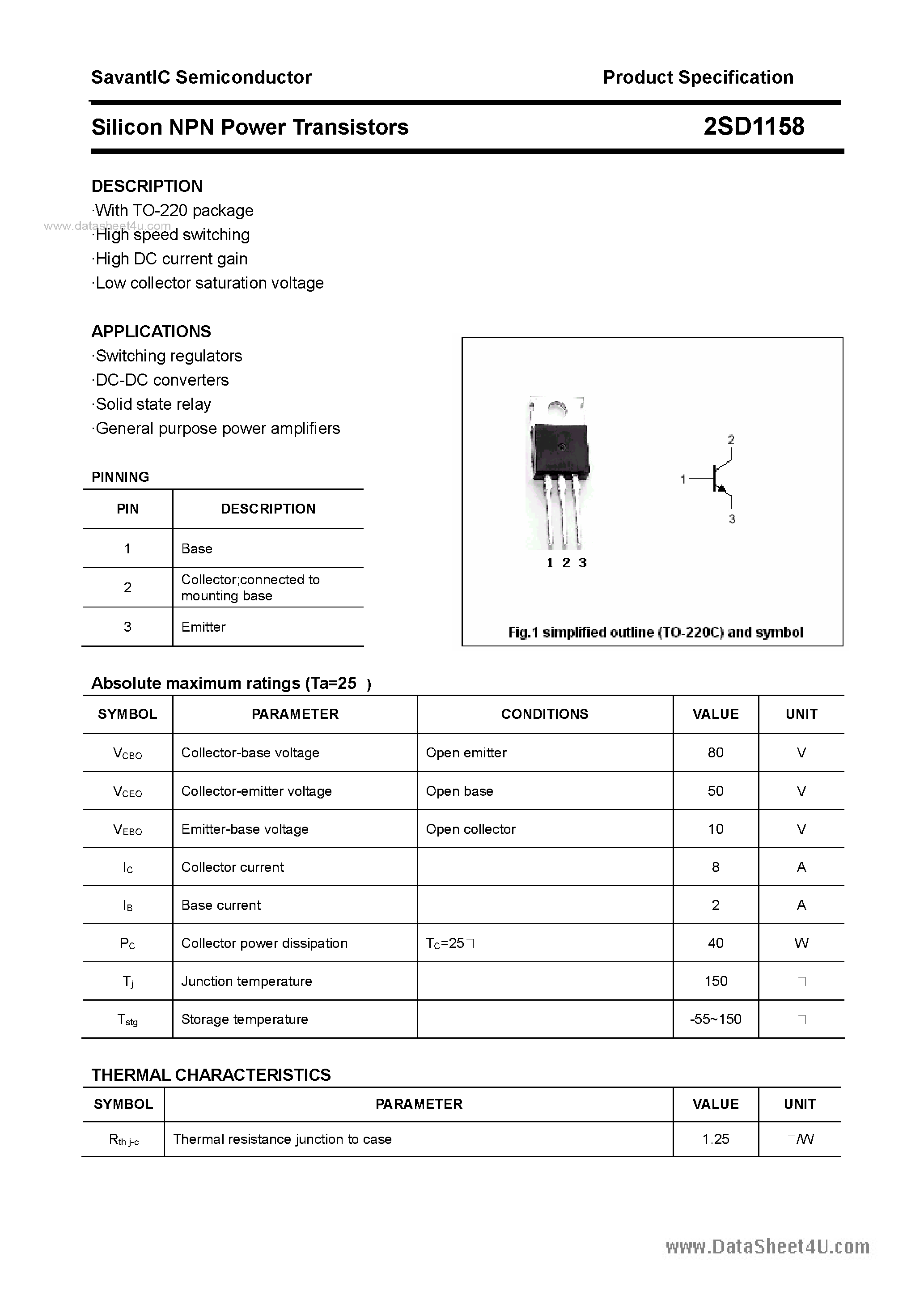 Datasheet 2SD1158 - SILICON POWER TRANSISTOR page 1