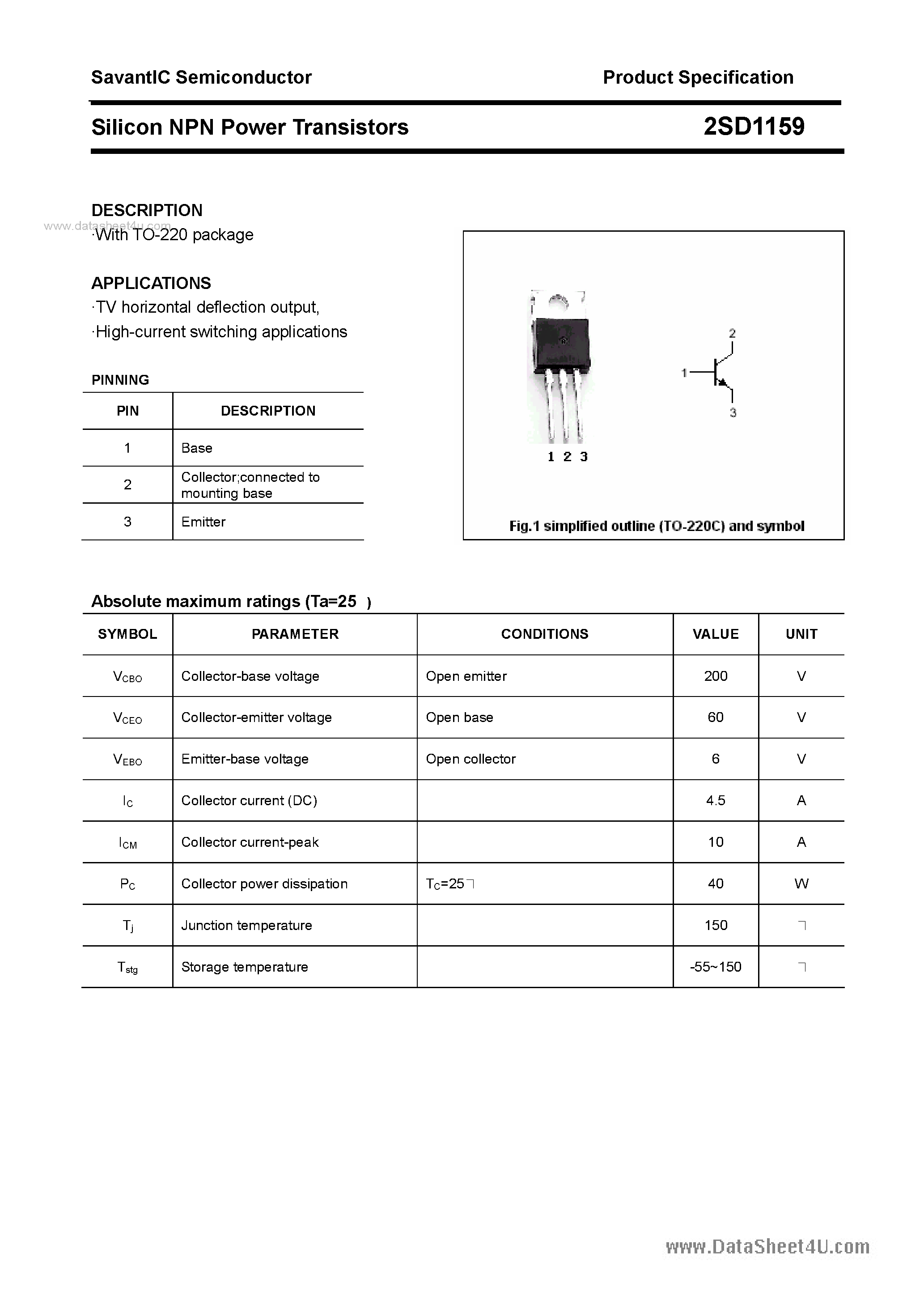 Datasheet 2SD1159 - SILICON POWER TRANSISTOR page 1