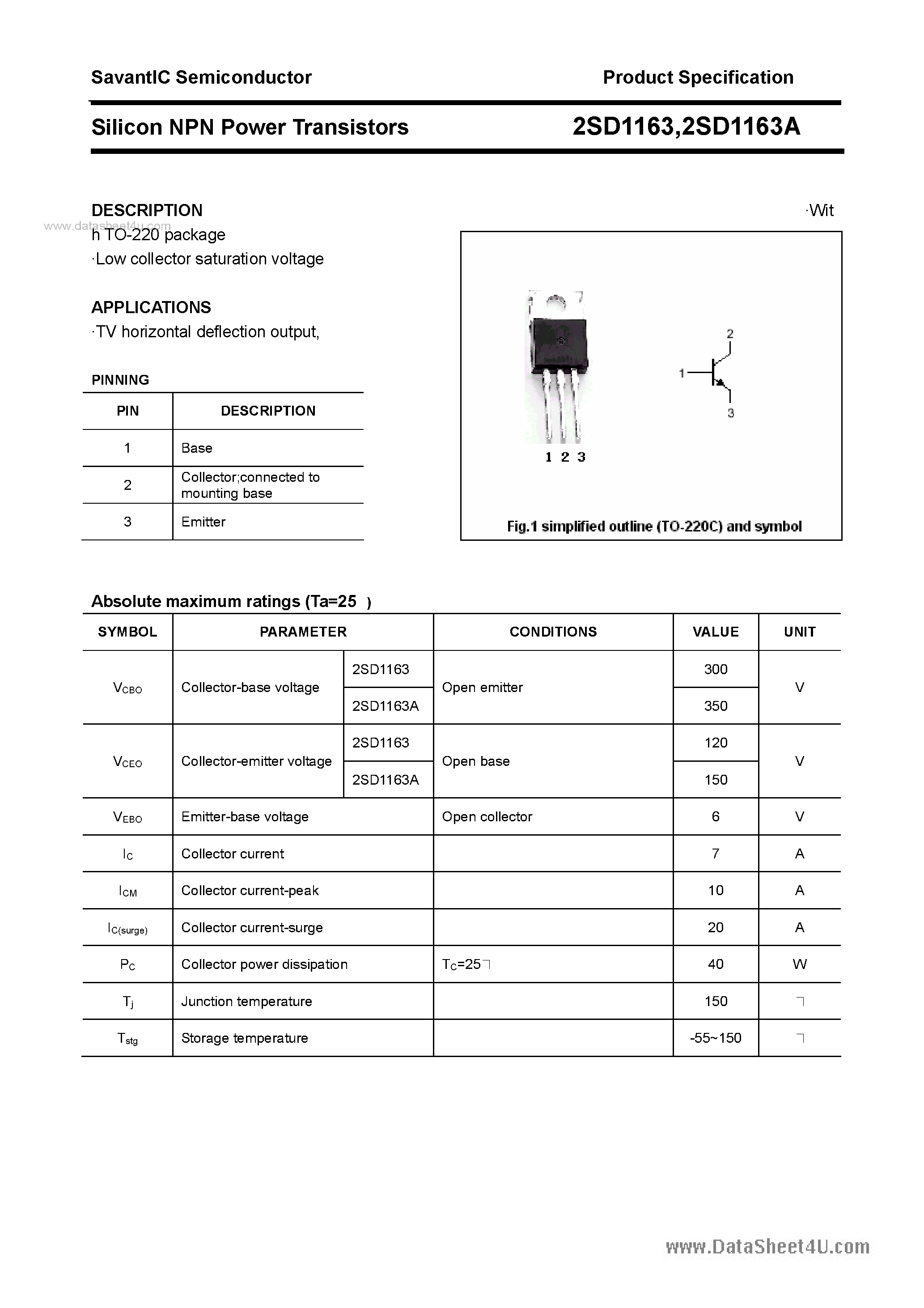Datasheet 2SD1163 - SILICON POWER TRANSISTOR page 1