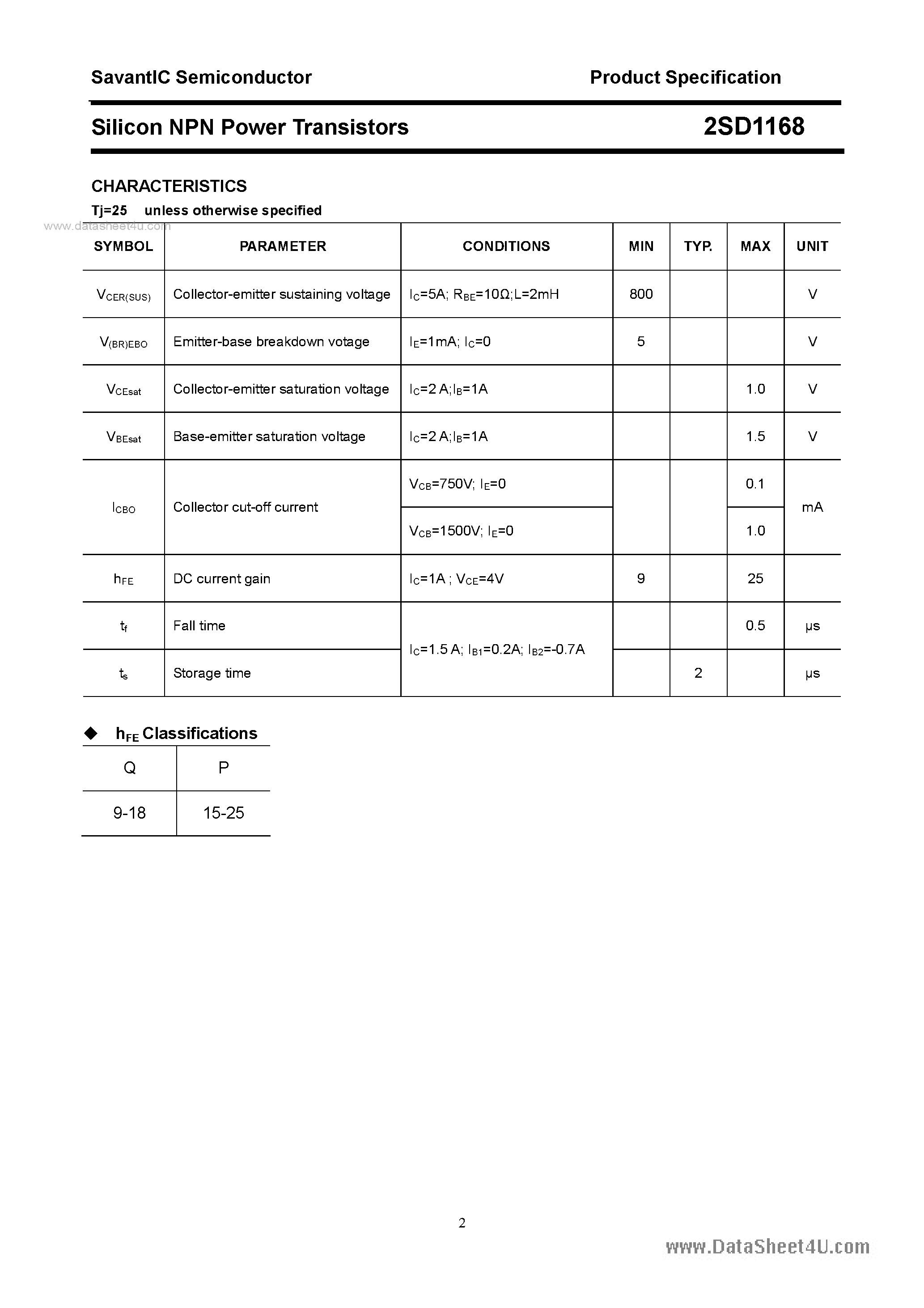 Datasheet 2SD1168 - SILICON POWER TRANSISTOR page 2
