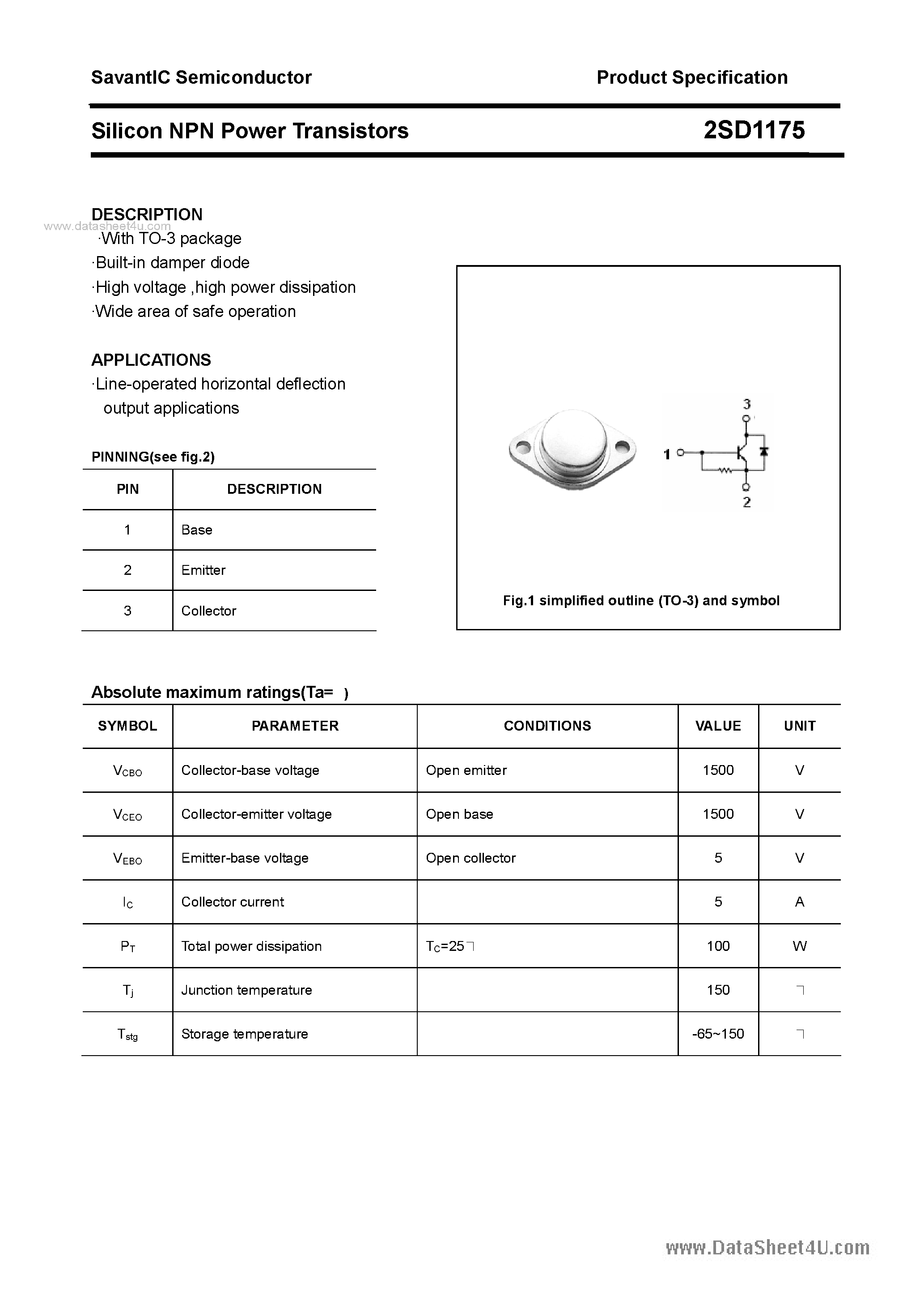 Datasheet 2SD1175 - SILICON POWER TRANSISTOR page 1
