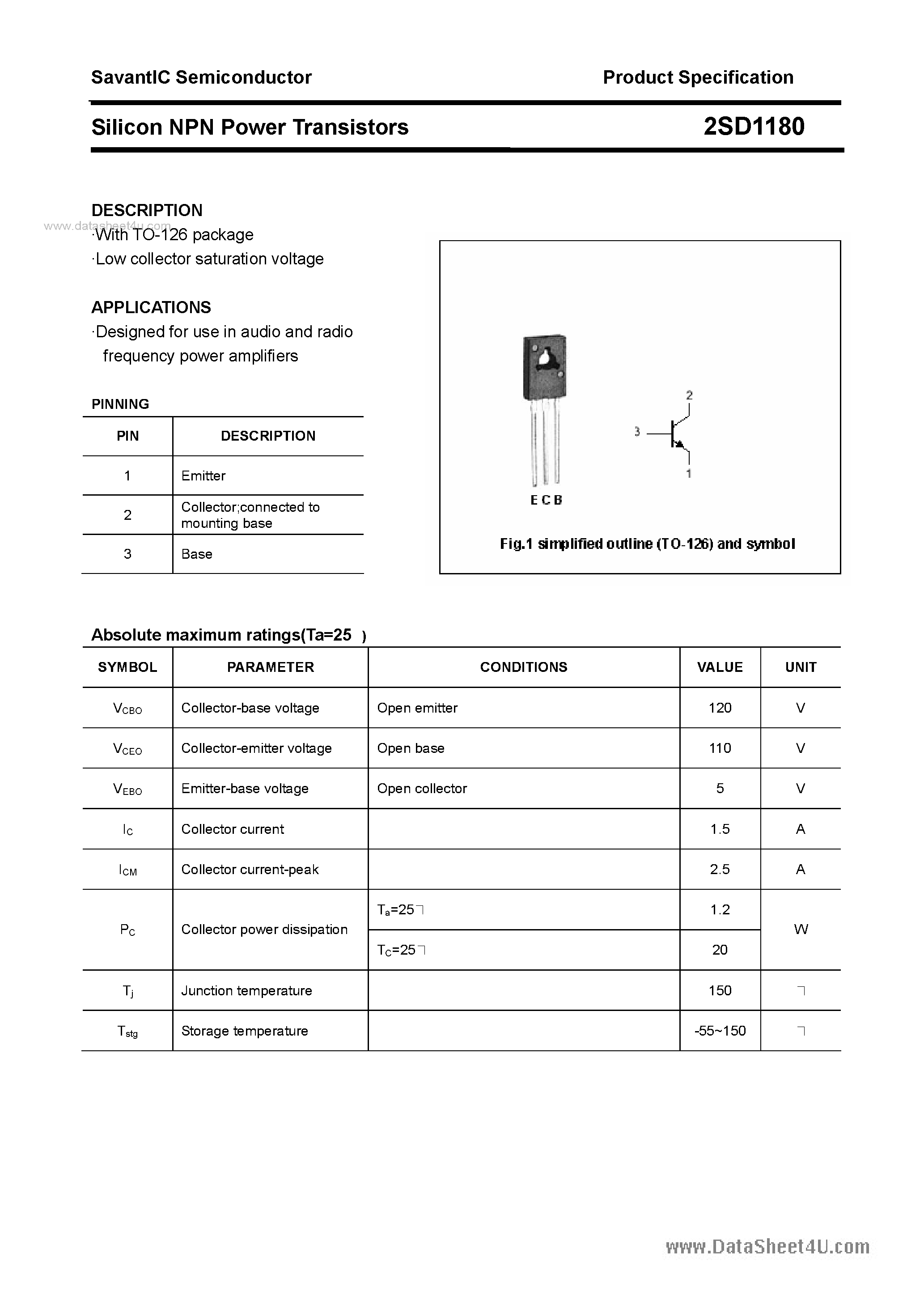 Datasheet 2SD1180 - SILICON POWER TRANSISTOR page 1