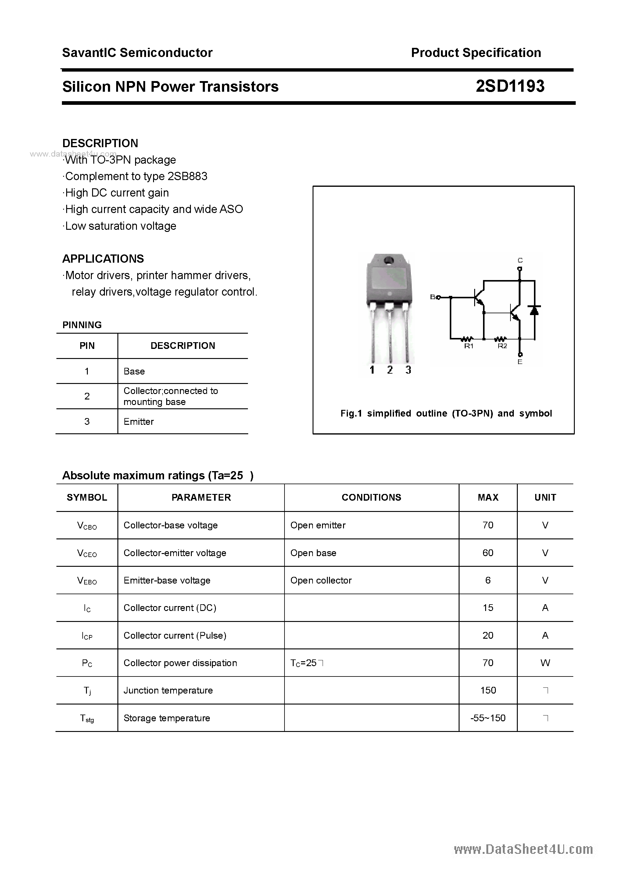 Datasheet 2SD1193 - SILICON POWER TRANSISTOR page 1