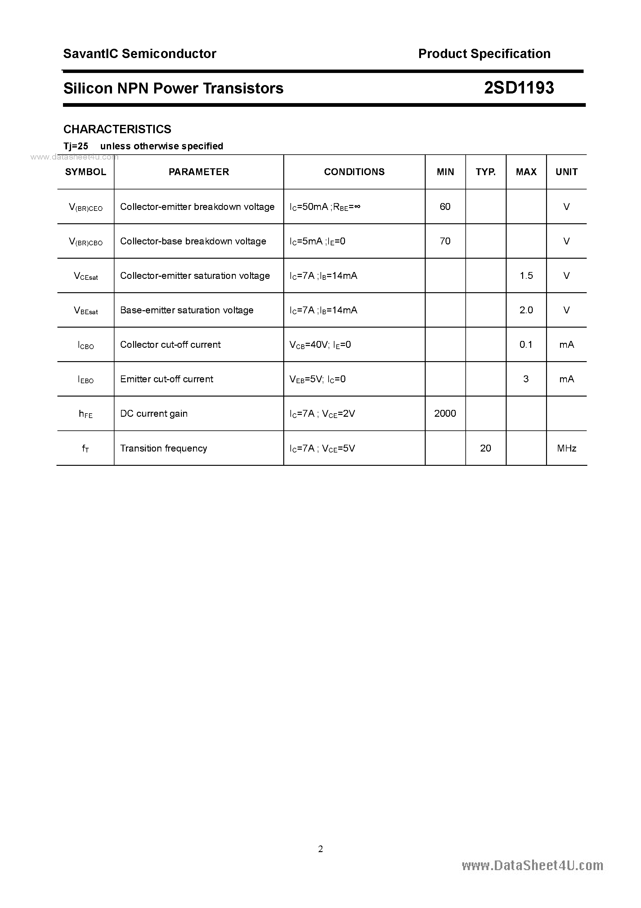 Datasheet 2SD1193 - SILICON POWER TRANSISTOR page 2