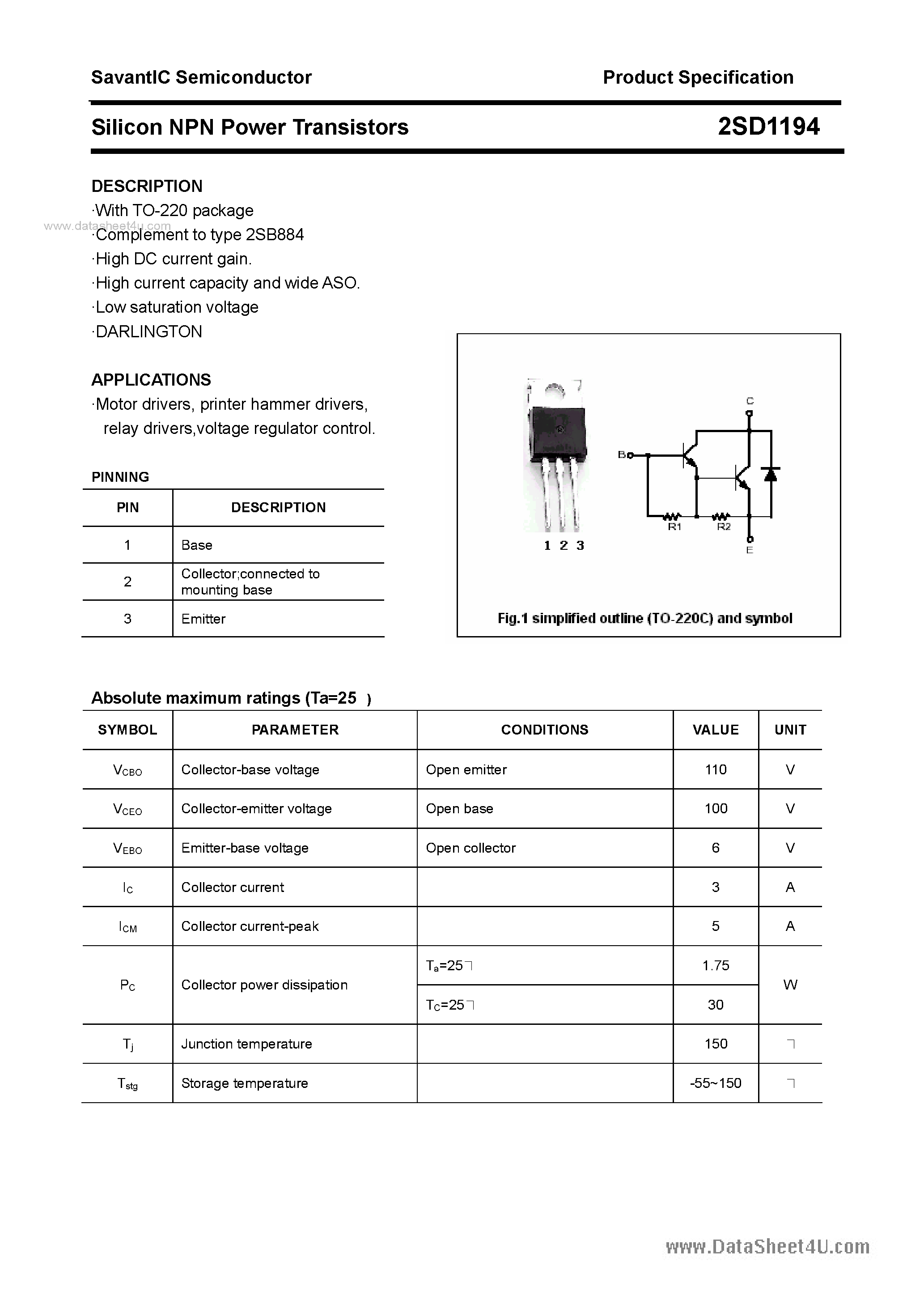 Datasheet 2SD1194 - SILICON POWER TRANSISTOR page 1