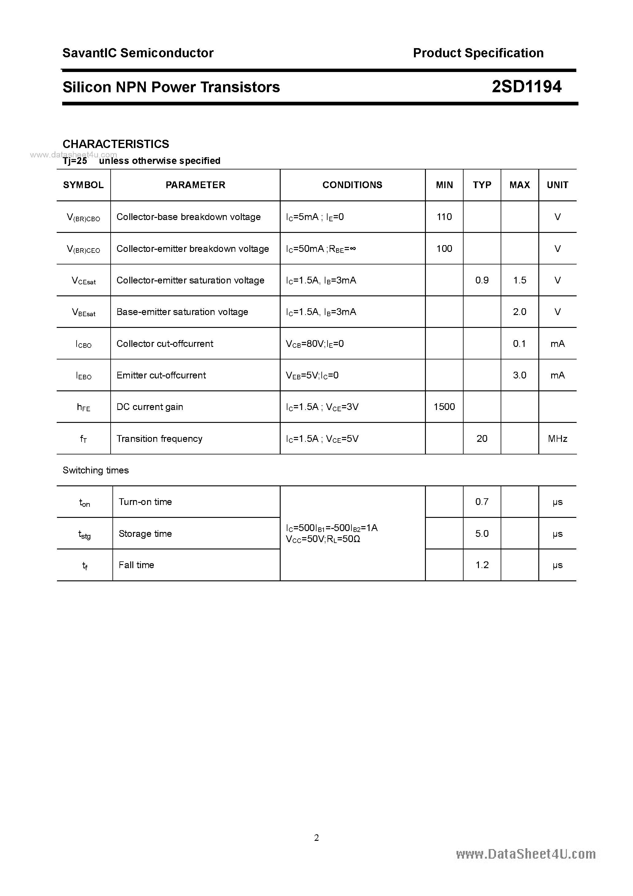 Datasheet 2SD1194 - SILICON POWER TRANSISTOR page 2