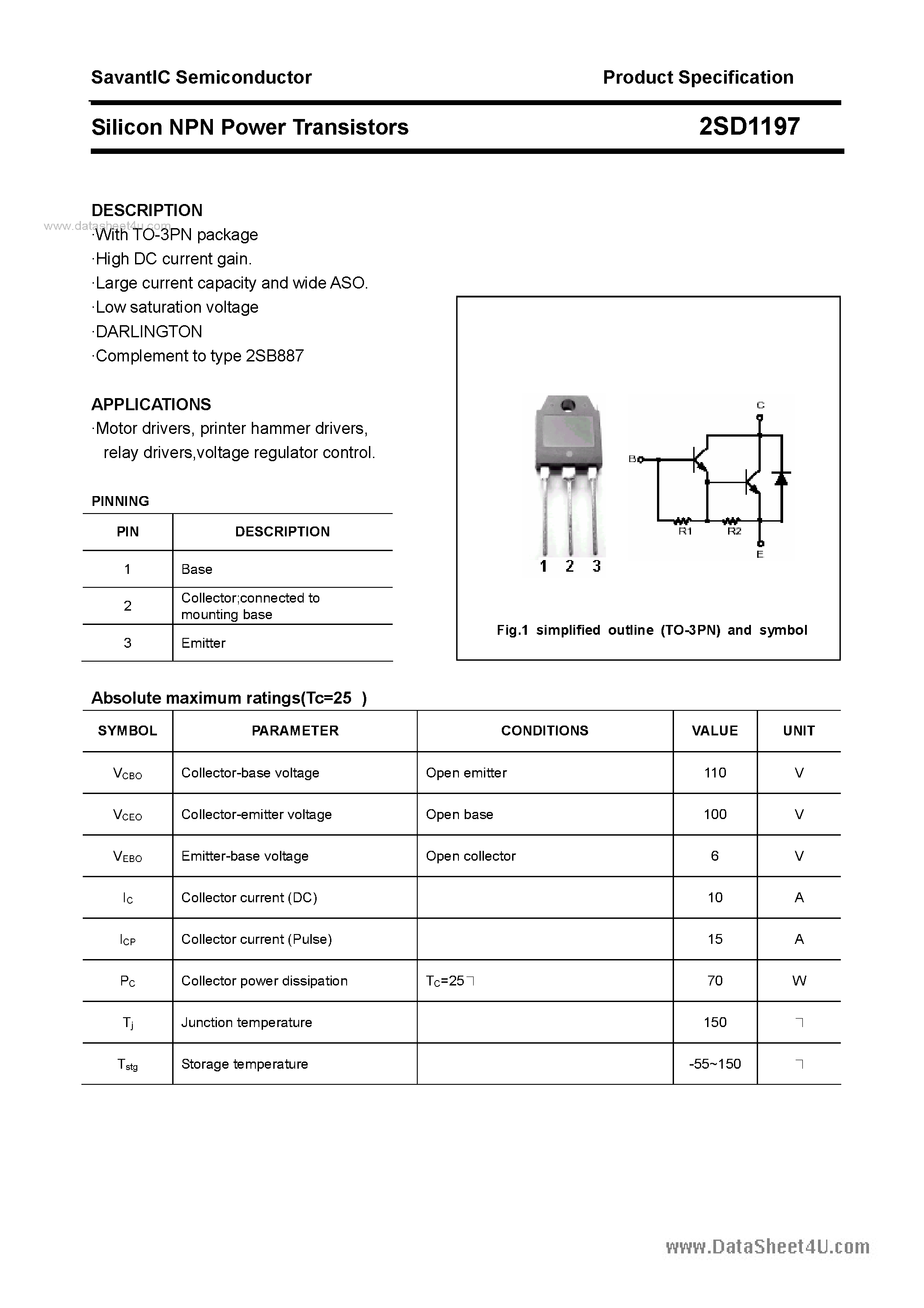 Datasheet 2SD1197 - SILICON POWER TRANSISTOR page 1