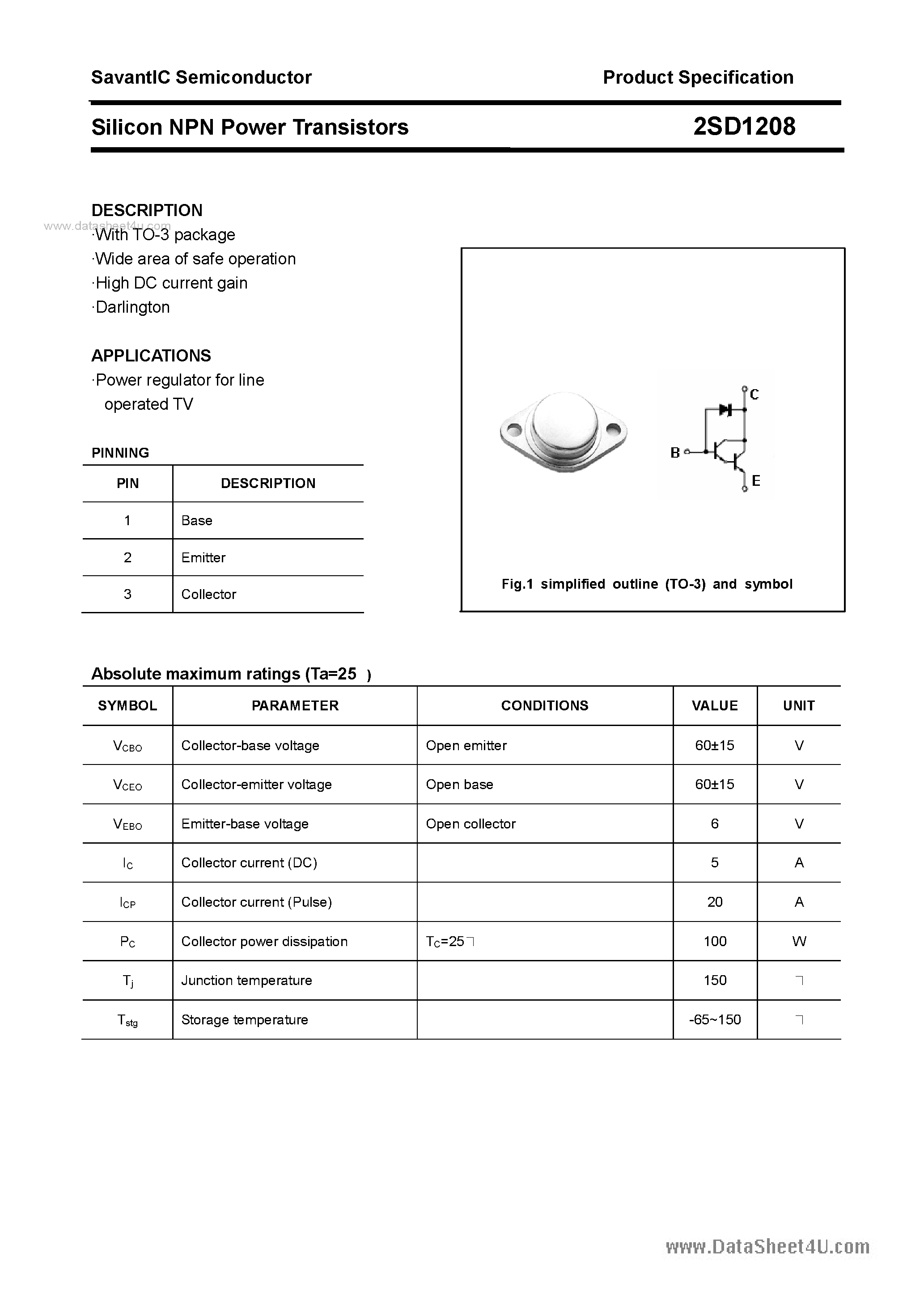 Datasheet 2SD1208 - SILICON POWER TRANSISTOR page 1